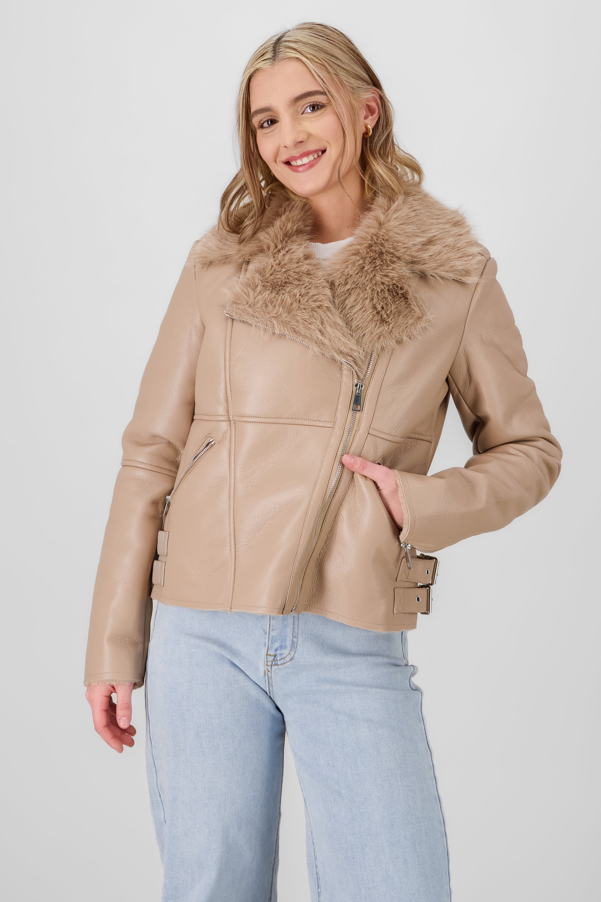 Fur Details Biker Jacket BEIGE