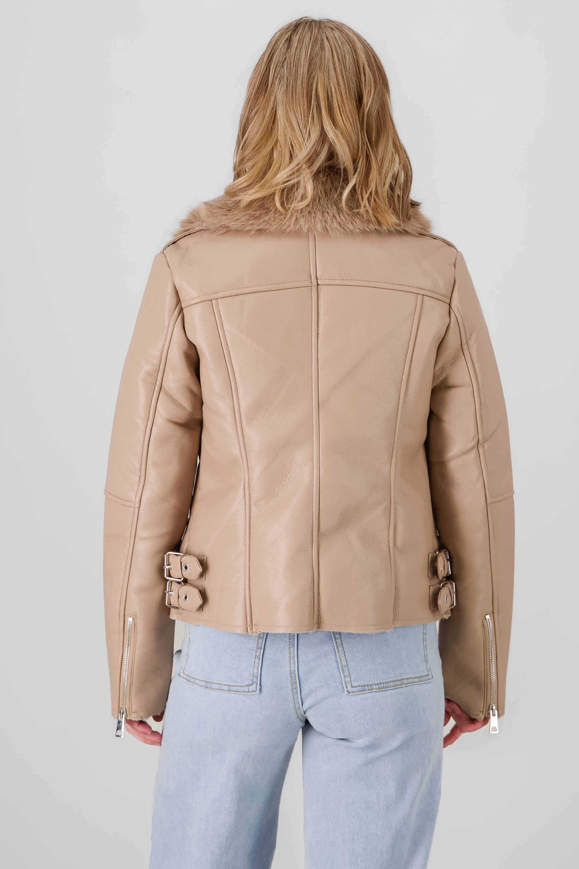 Fur Details Biker Jacket BEIGE