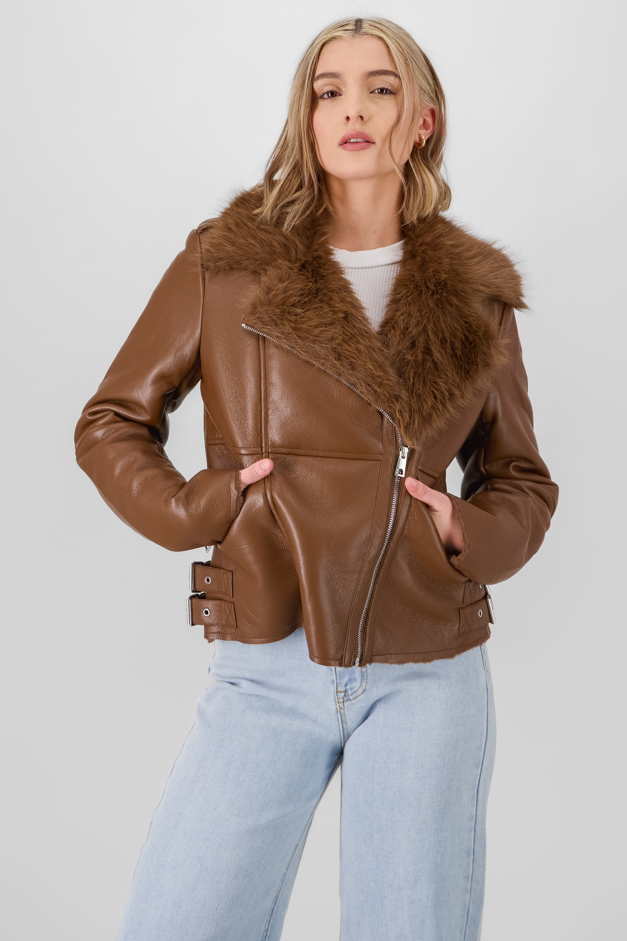 Fur Details Biker Jacket BROWN