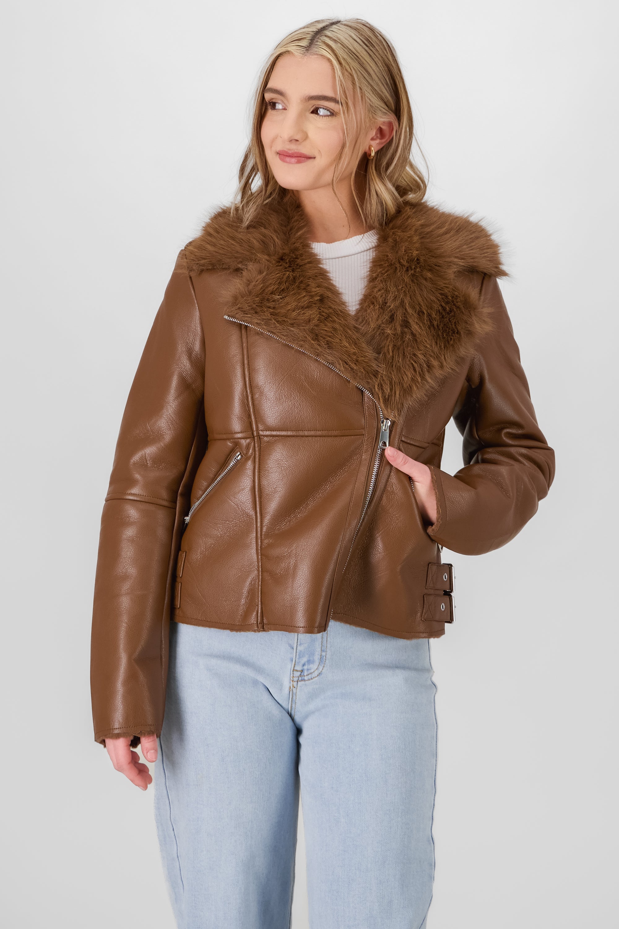 Fur Details Biker Jacket BROWN