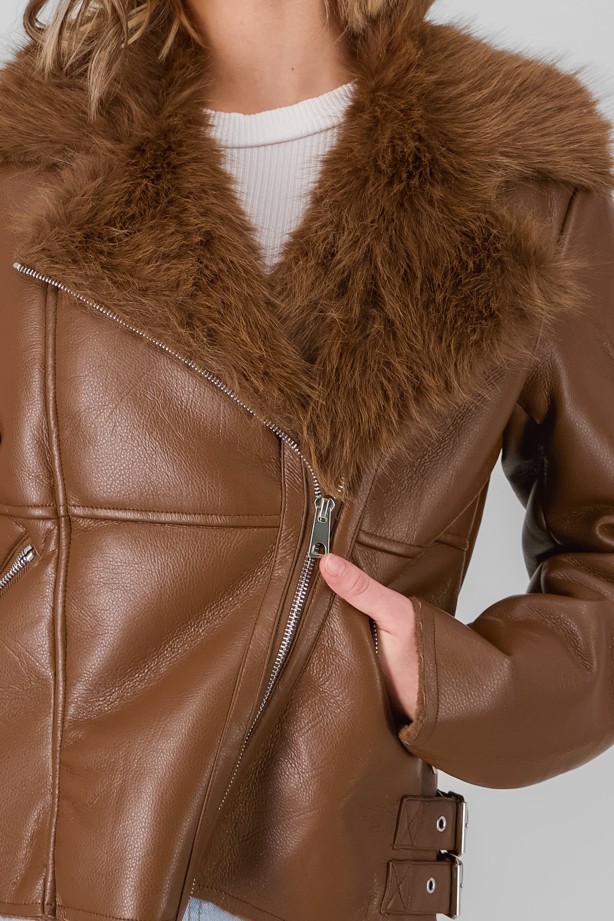 Fur Details Biker Jacket BROWN