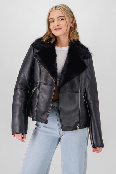 Fur Details Biker Jacket BLACK