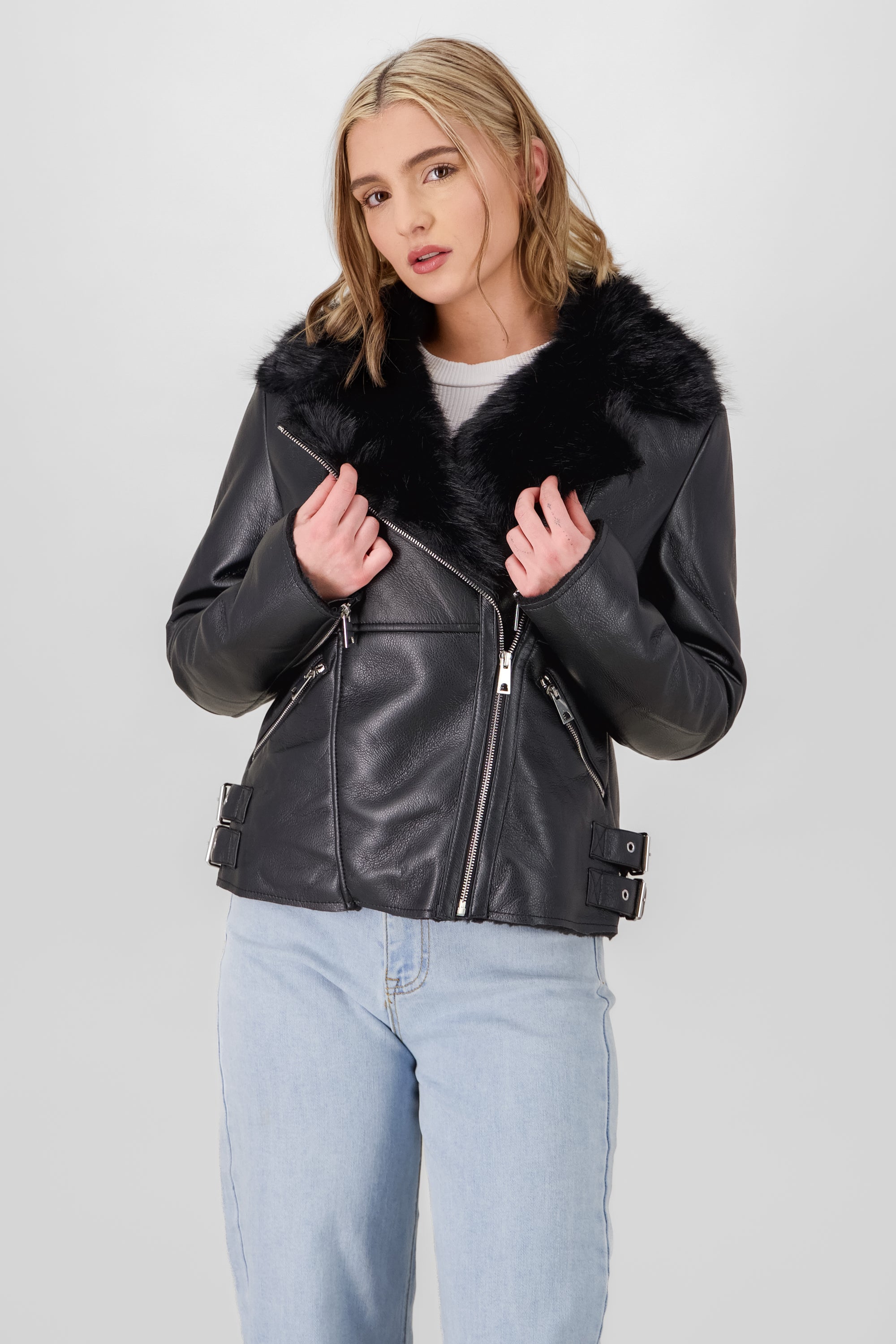 Fur Details Biker Jacket BLACK