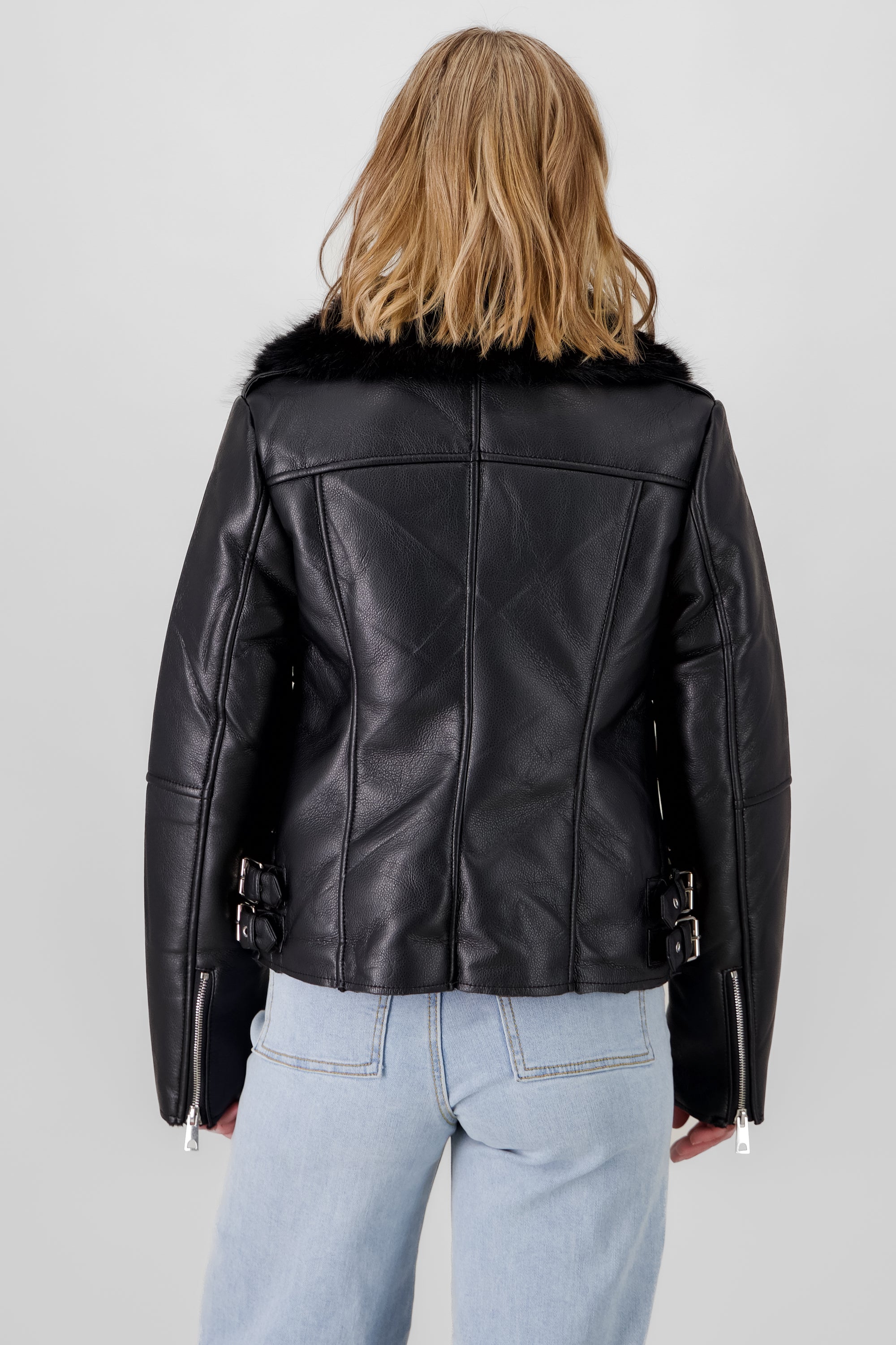 Fur Details Biker Jacket BLACK