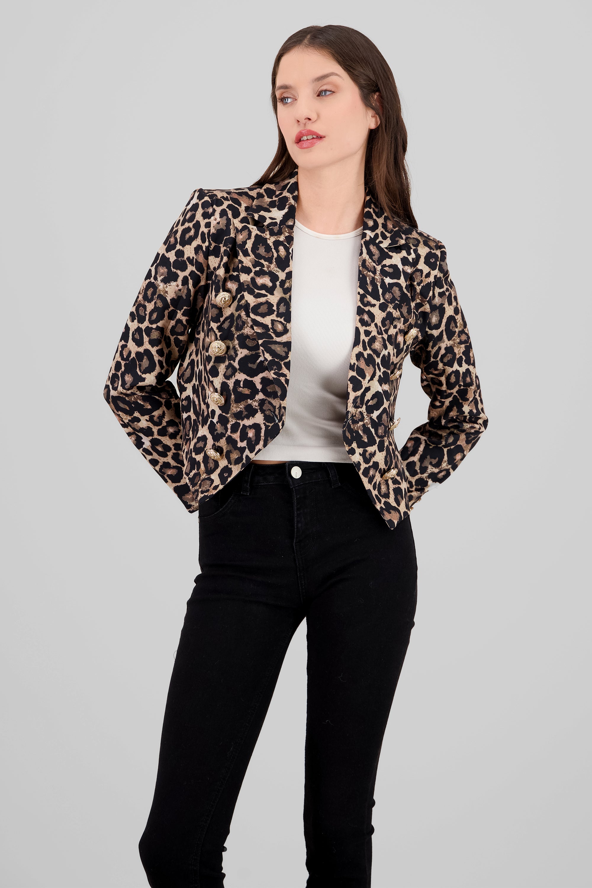 Cropped Animal Print Blazer BLACK COMBO