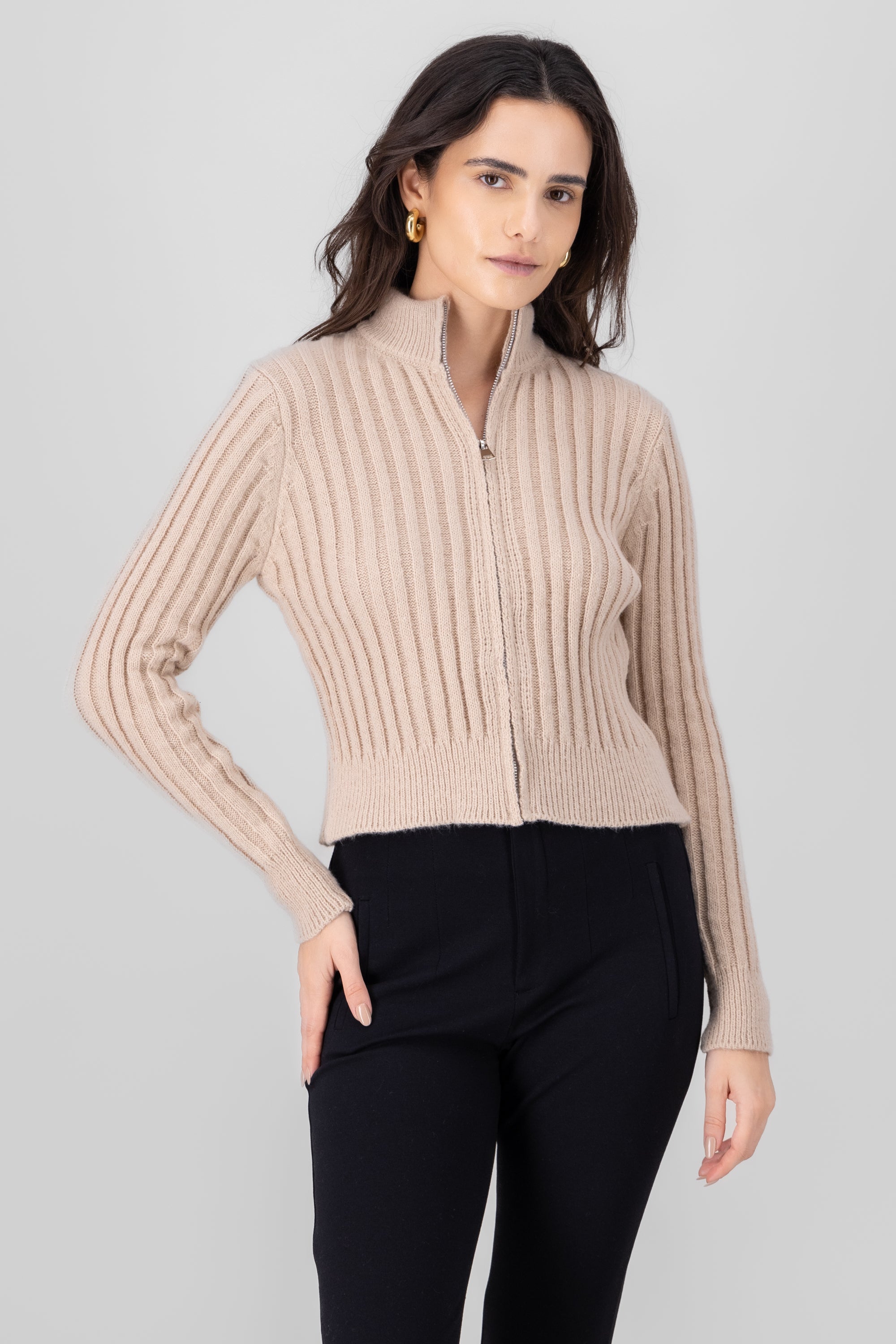 High Neck Sweater With Zipper BEIGE