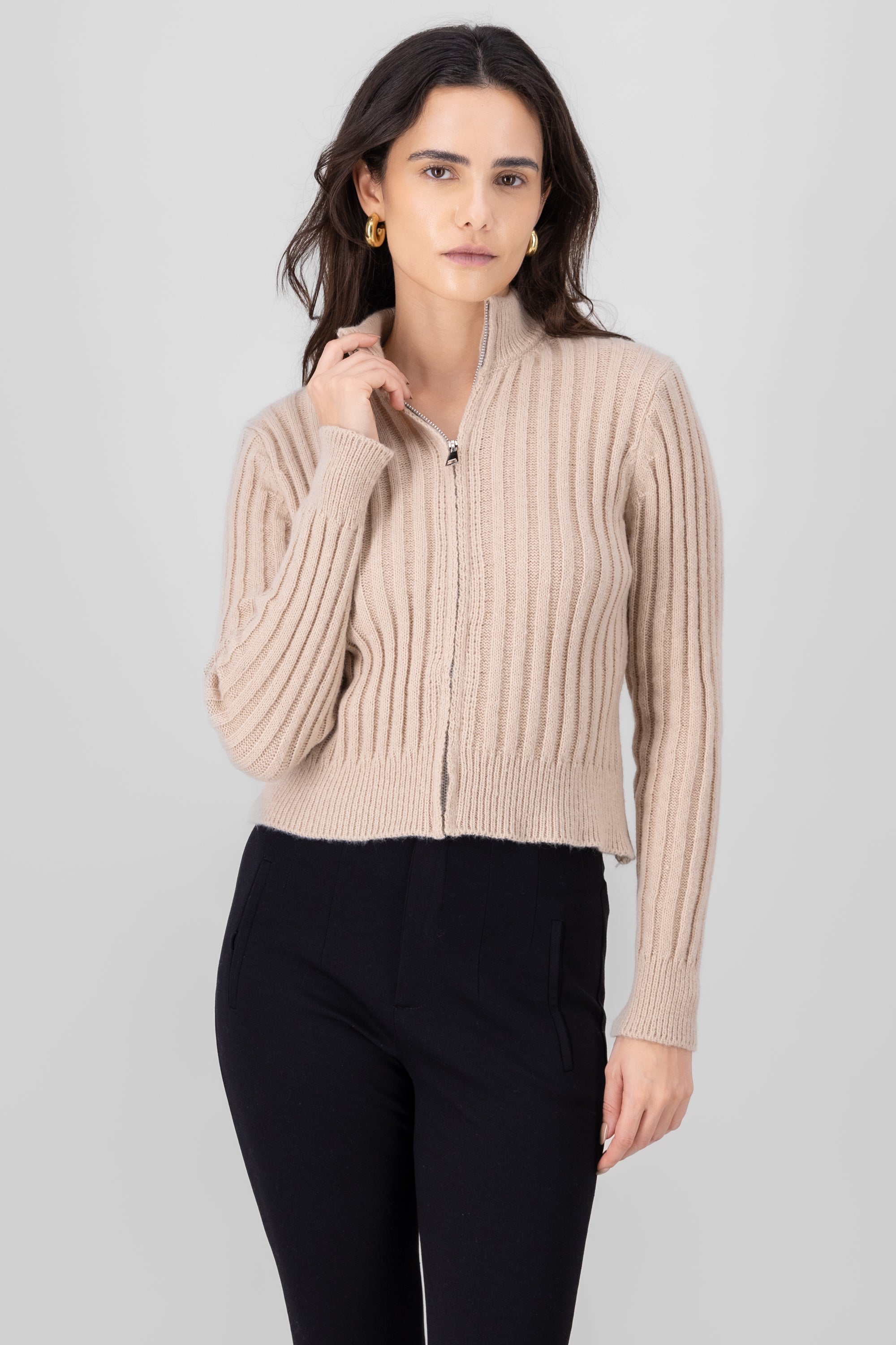 High Neck Sweater With Zipper BEIGE