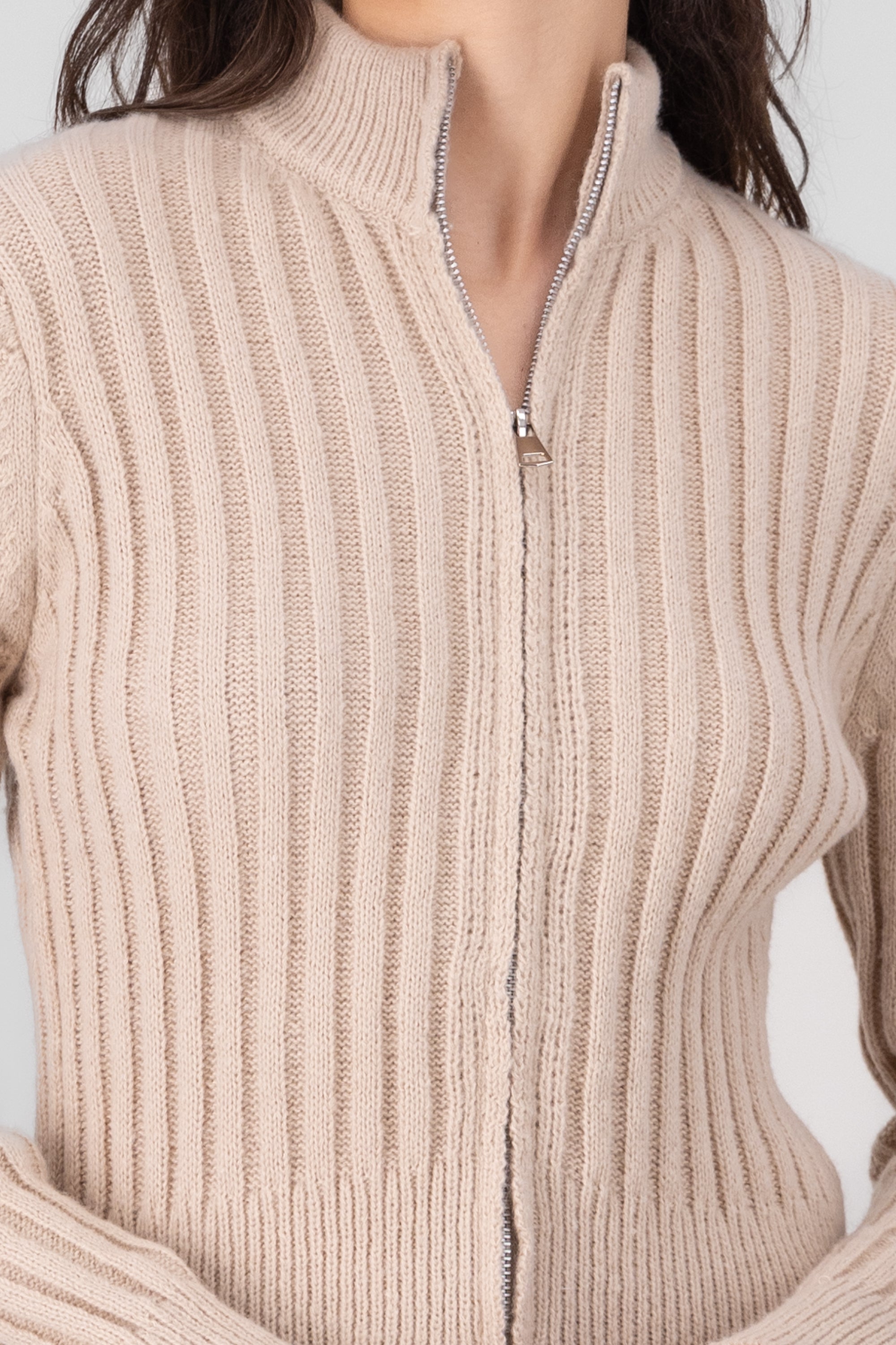 High Neck Sweater With Zipper BEIGE