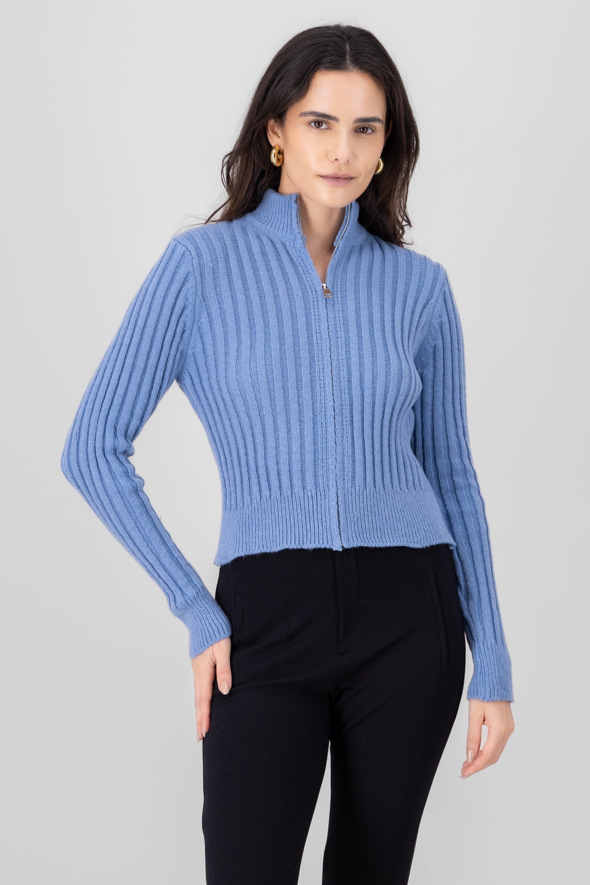 High Neck Sweater With Zipper BLUE