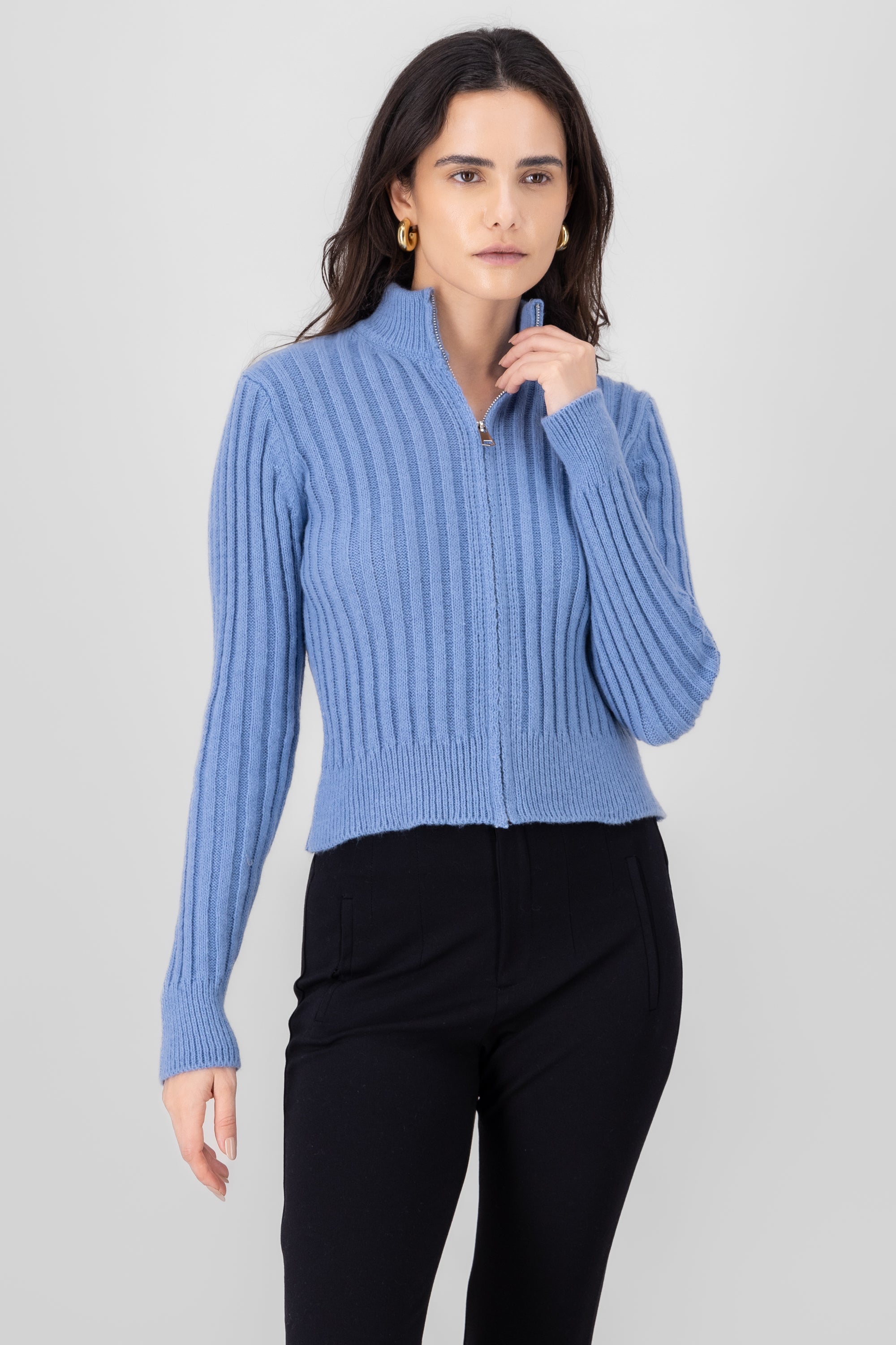 High Neck Sweater With Zipper BLUE