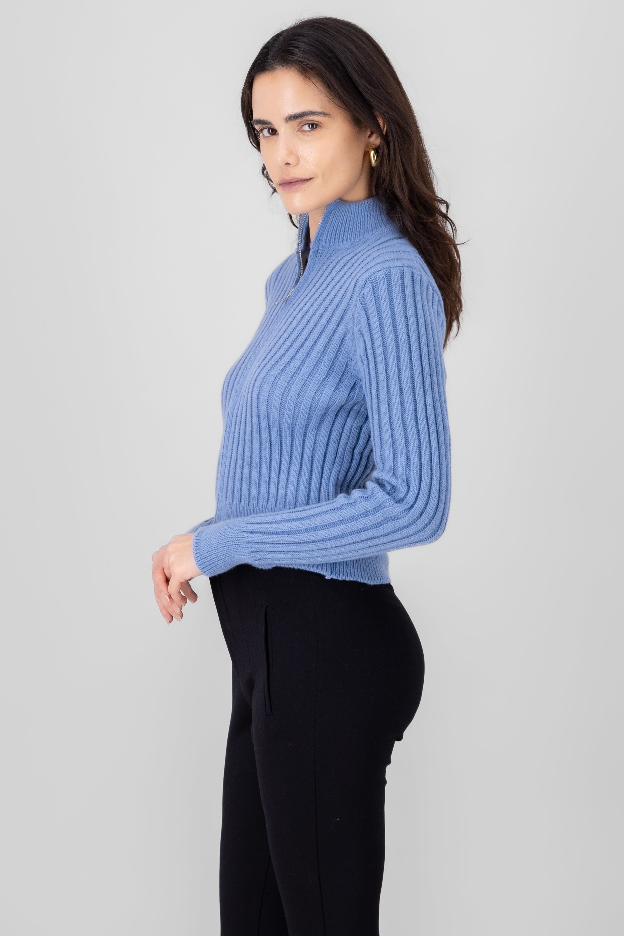 High Neck Sweater With Zipper BLUE