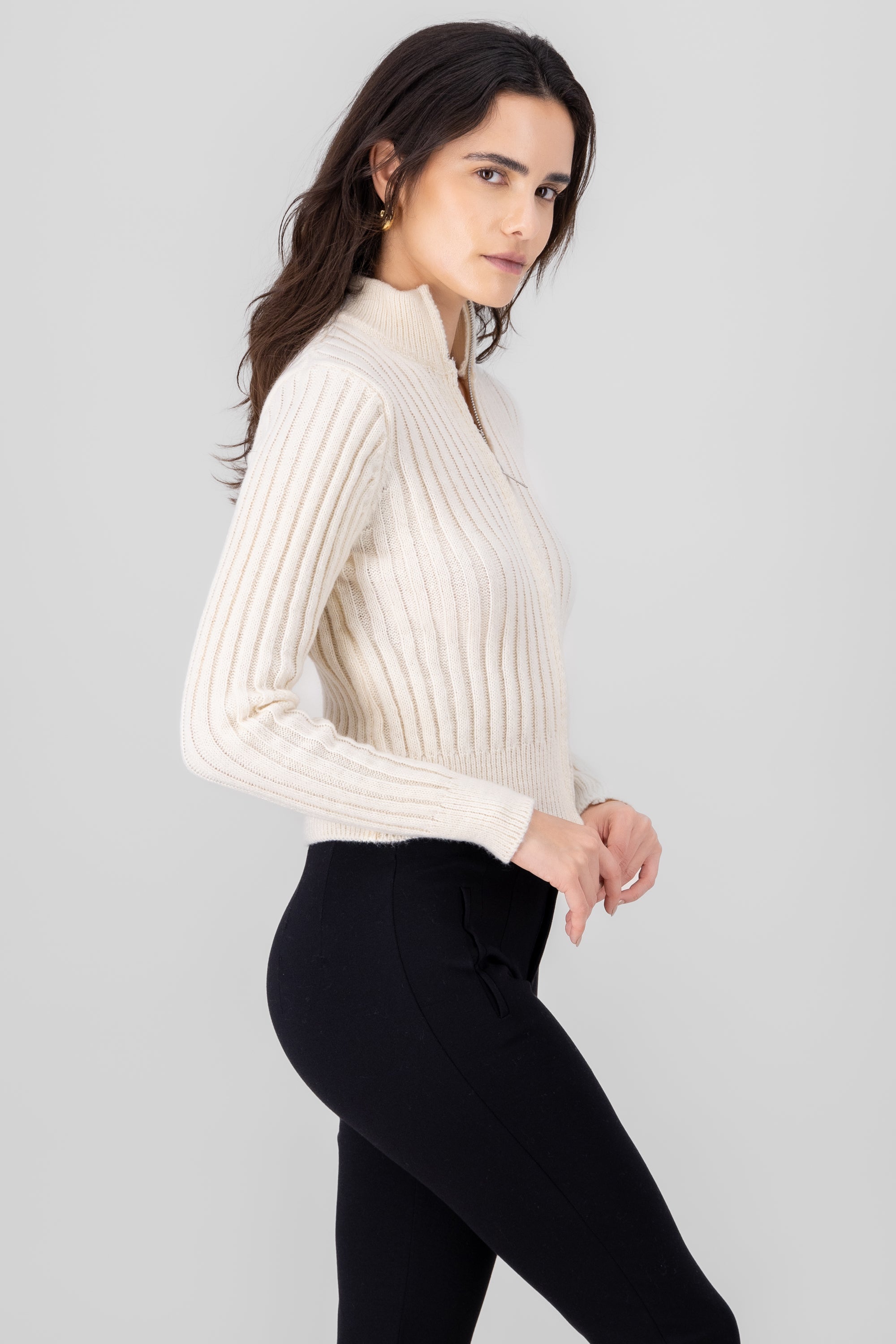 High Neck Sweater With Zipper WHITE