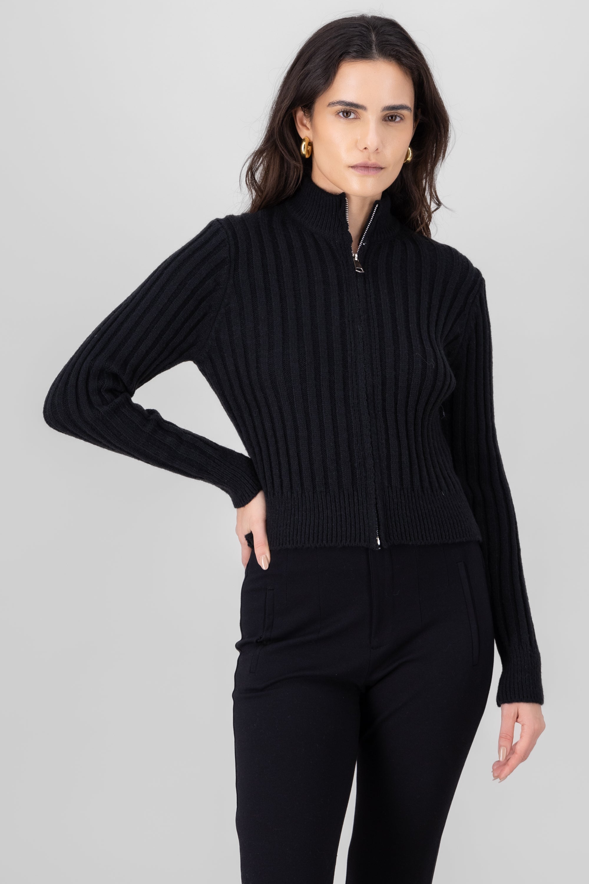 High Neck Sweater With Zipper BLACK