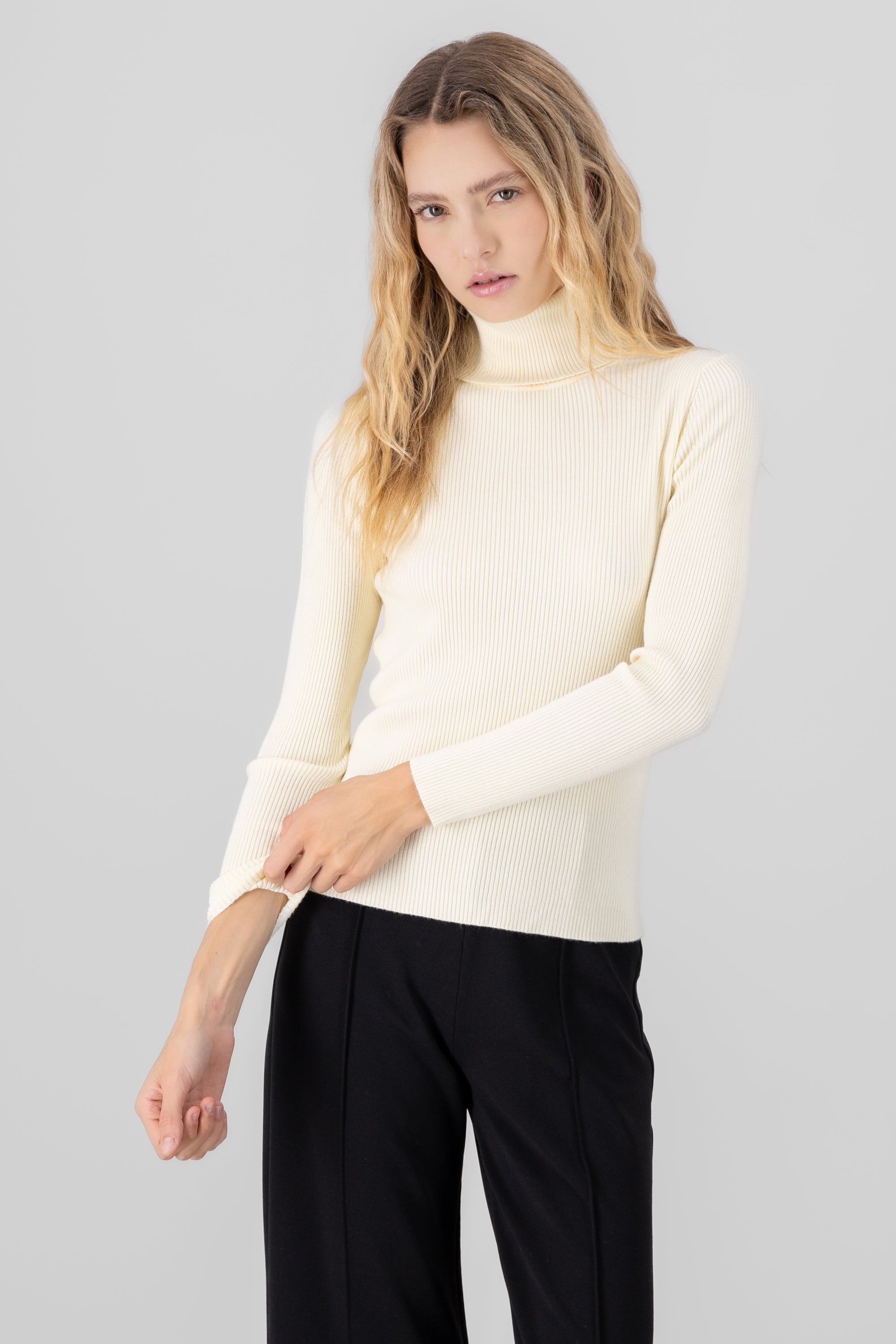 Ribbed High Neck Sweater BEIGE