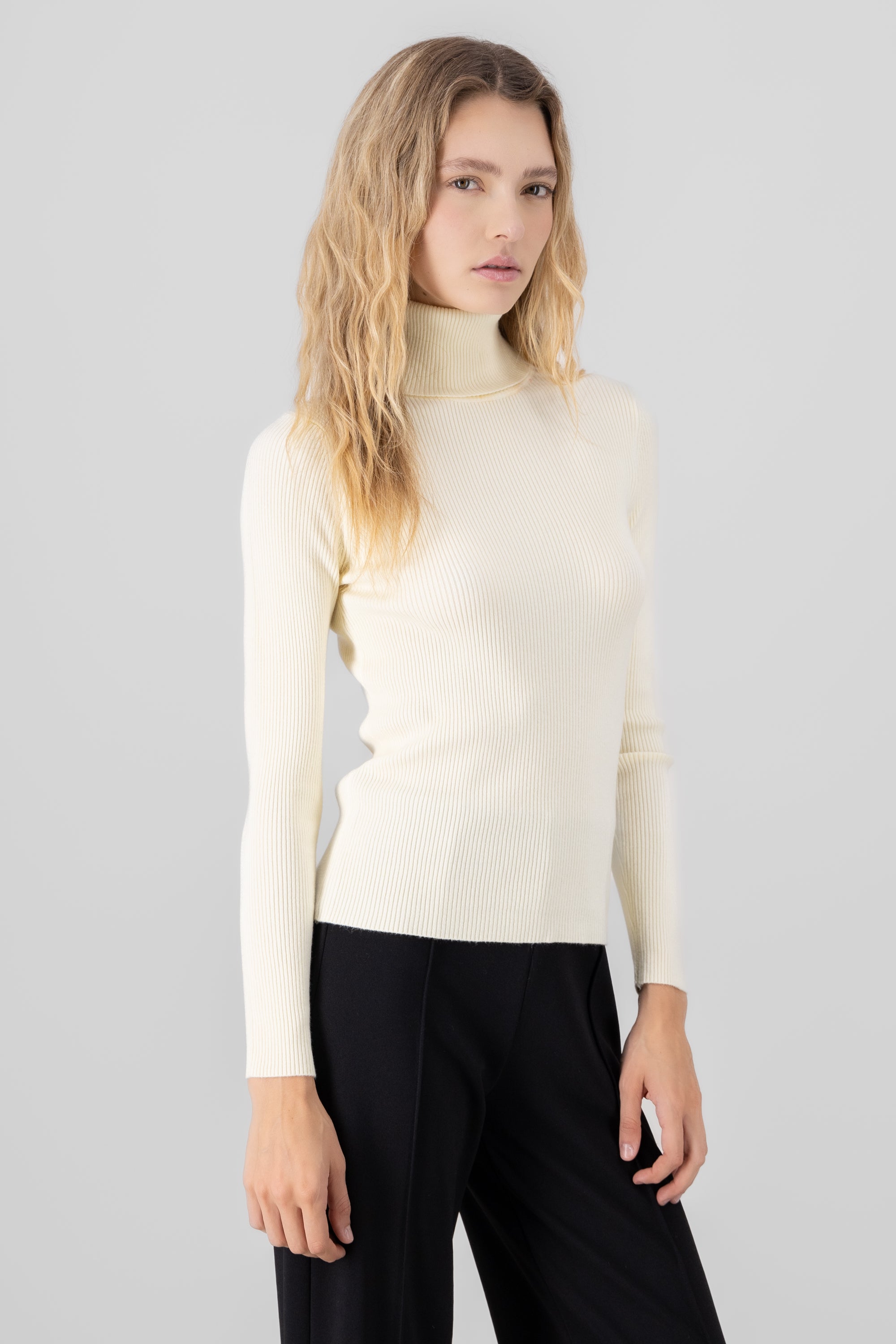 Ribbed High Neck Sweater BEIGE