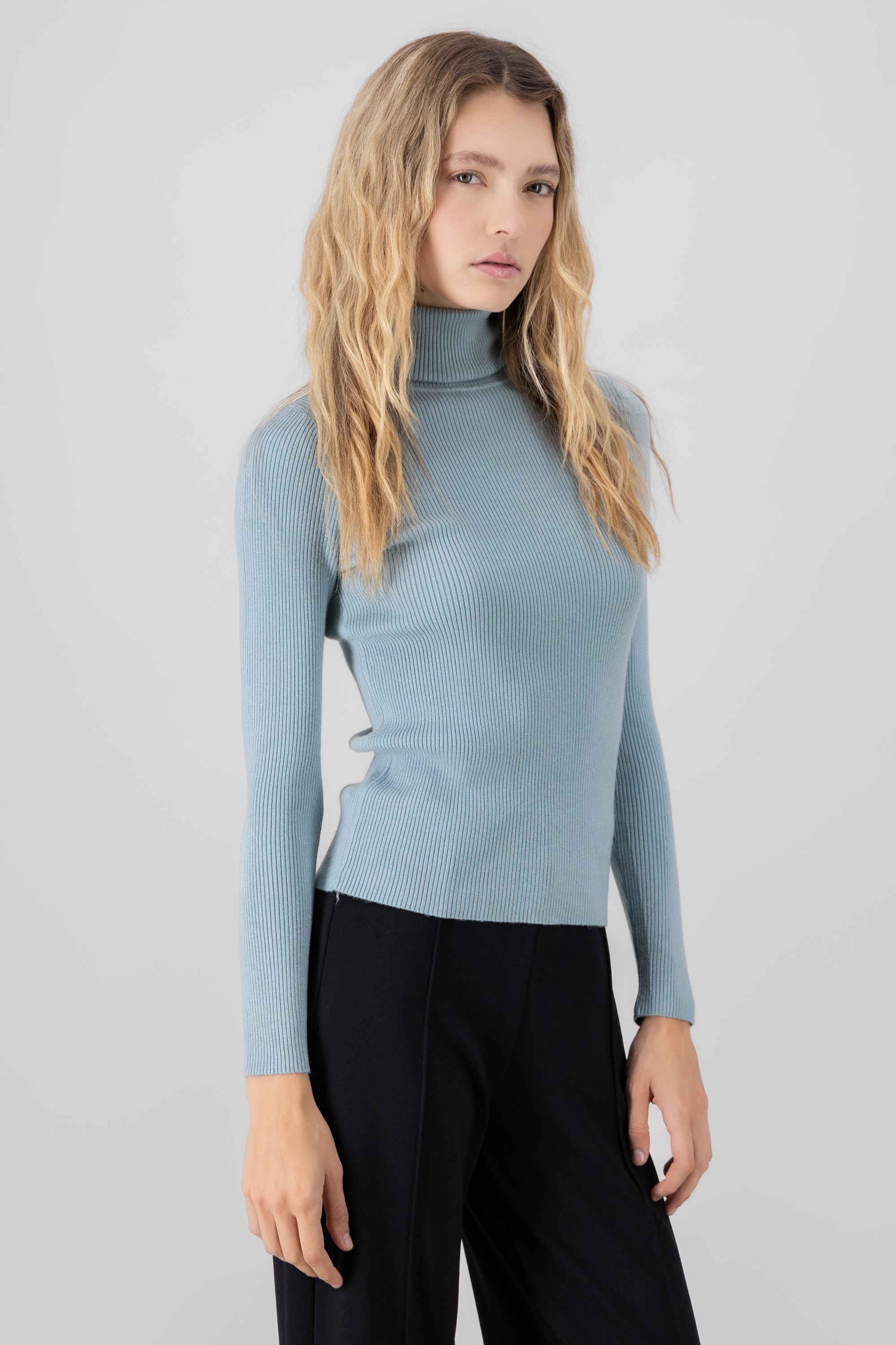 Ribbed High Neck Sweater BLUE