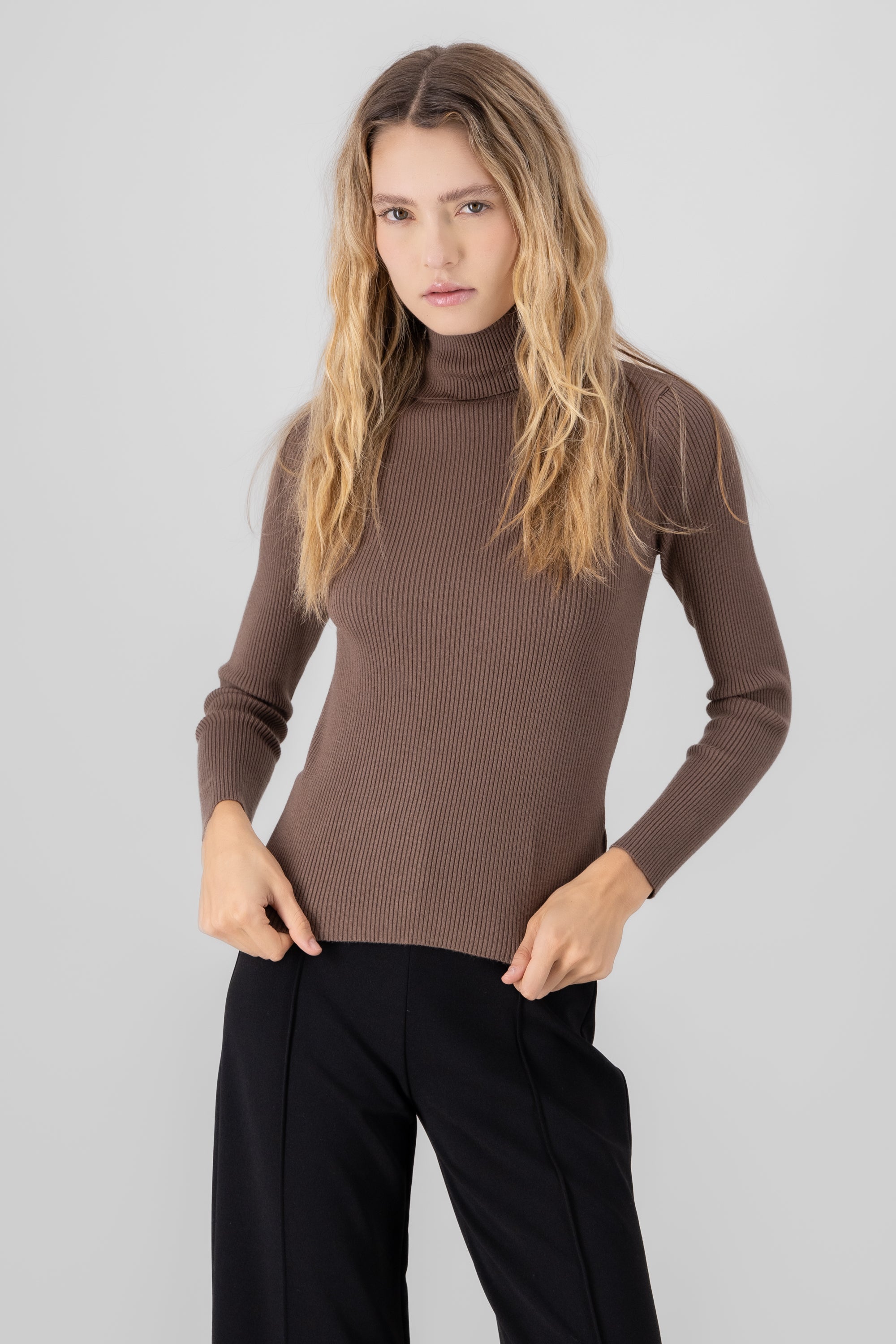 Ribbed High Neck Sweater BROWN