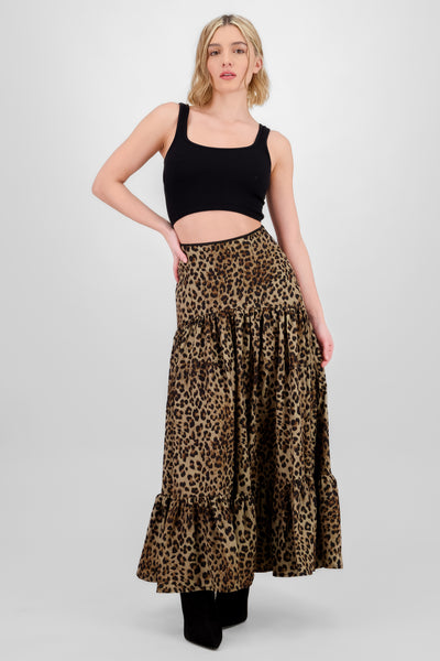 Animal Print Pleated Maxi Skirt BROWN COMBO