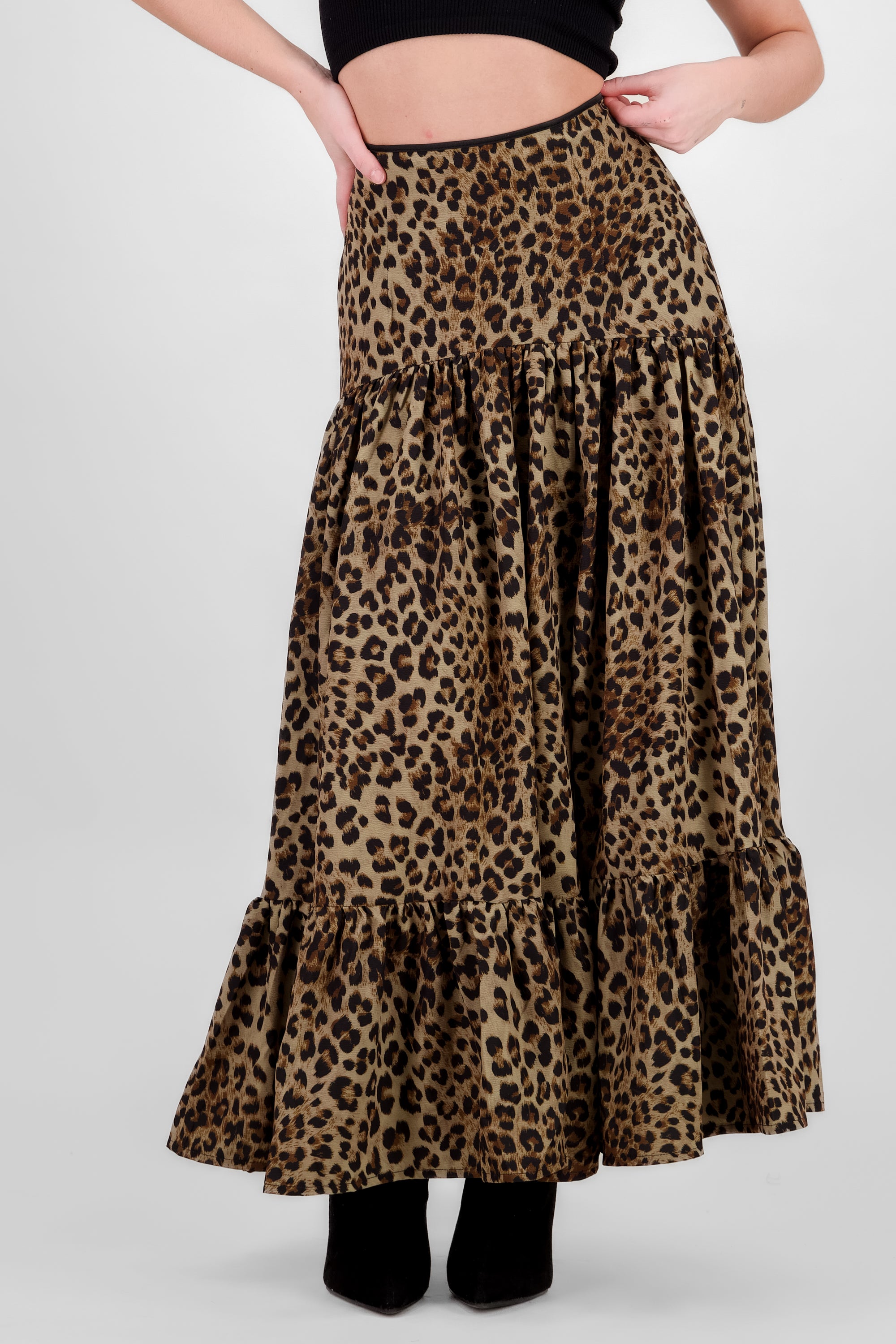 Animal Print Pleated Maxi Skirt BROWN COMBO