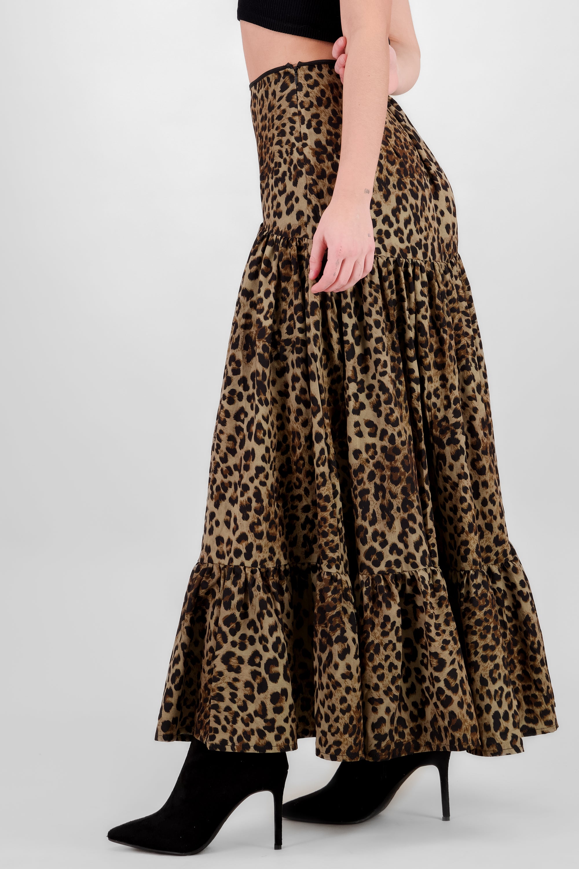 Animal Print Pleated Maxi Skirt BROWN COMBO