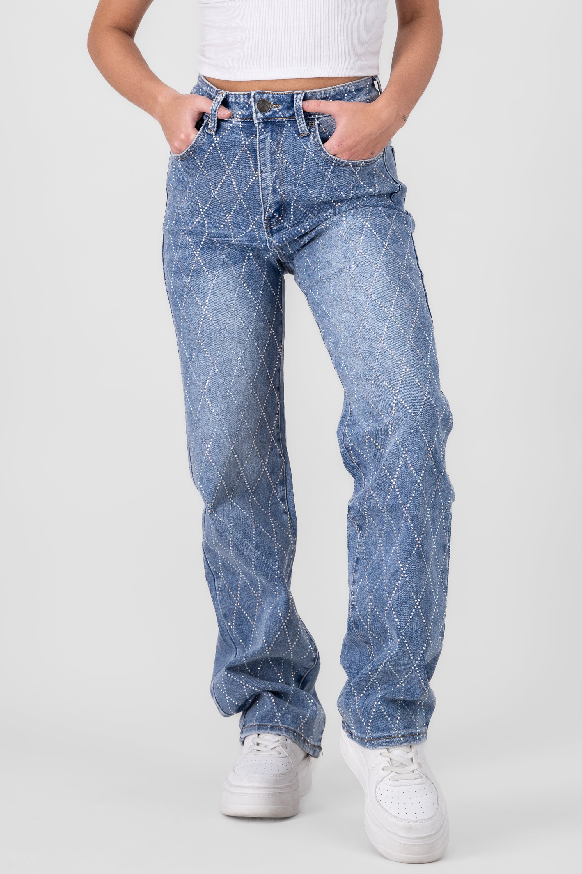 Glitter Detail Straight Jeans LIGHT WASH