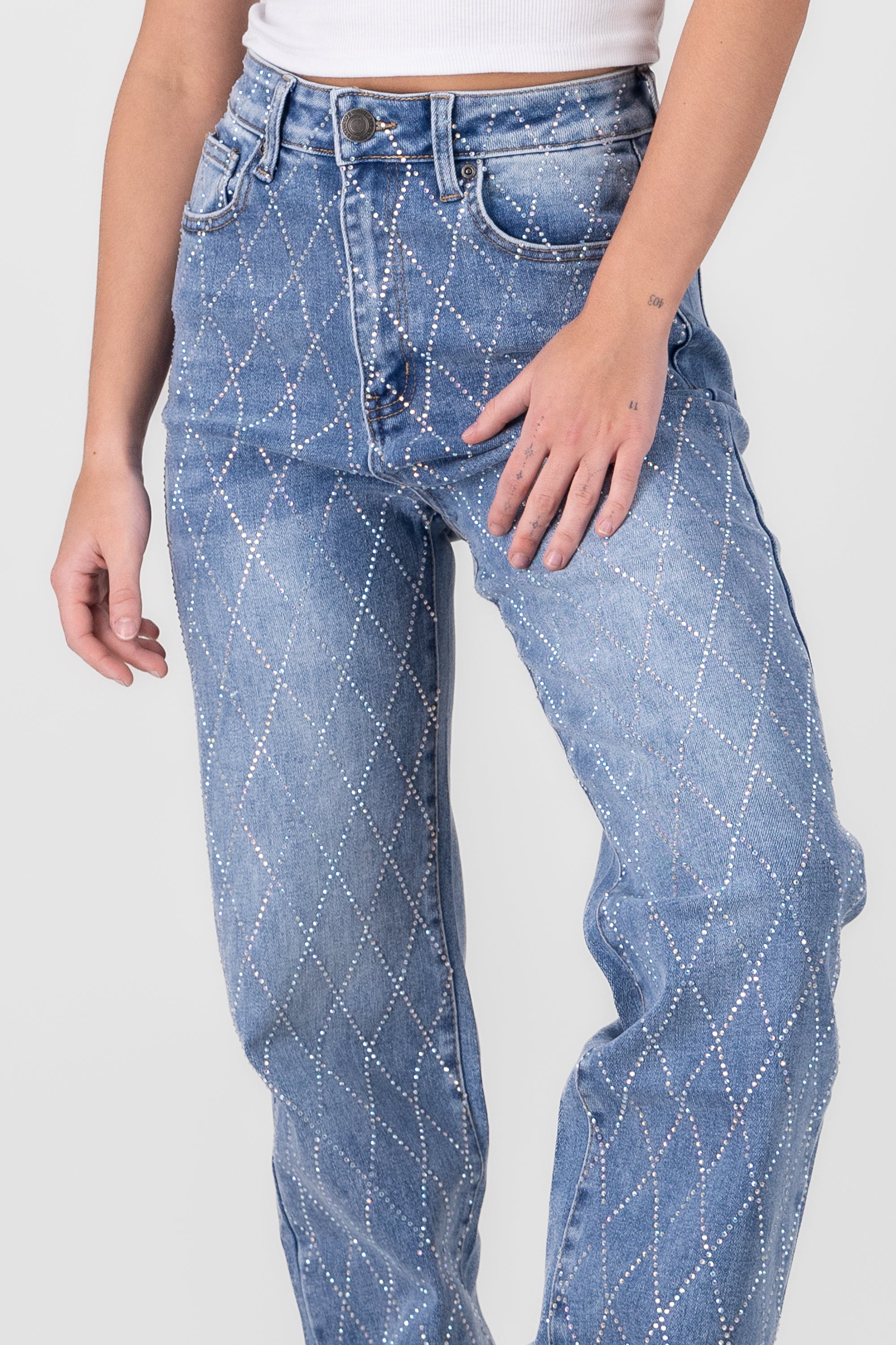 Glitter Detail Straight Jeans LIGHT WASH