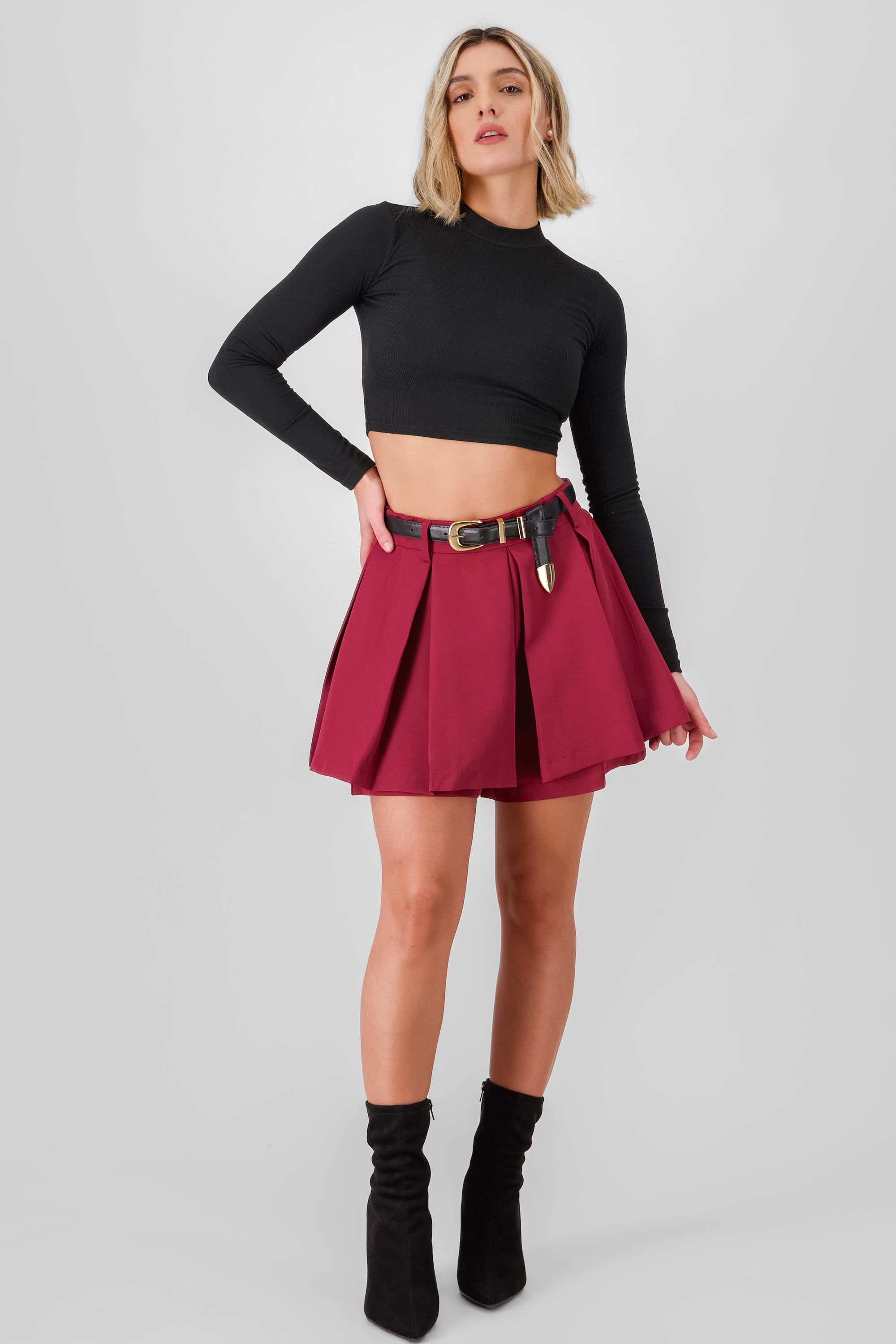 Pleated Skort with Belt BURGUNDY