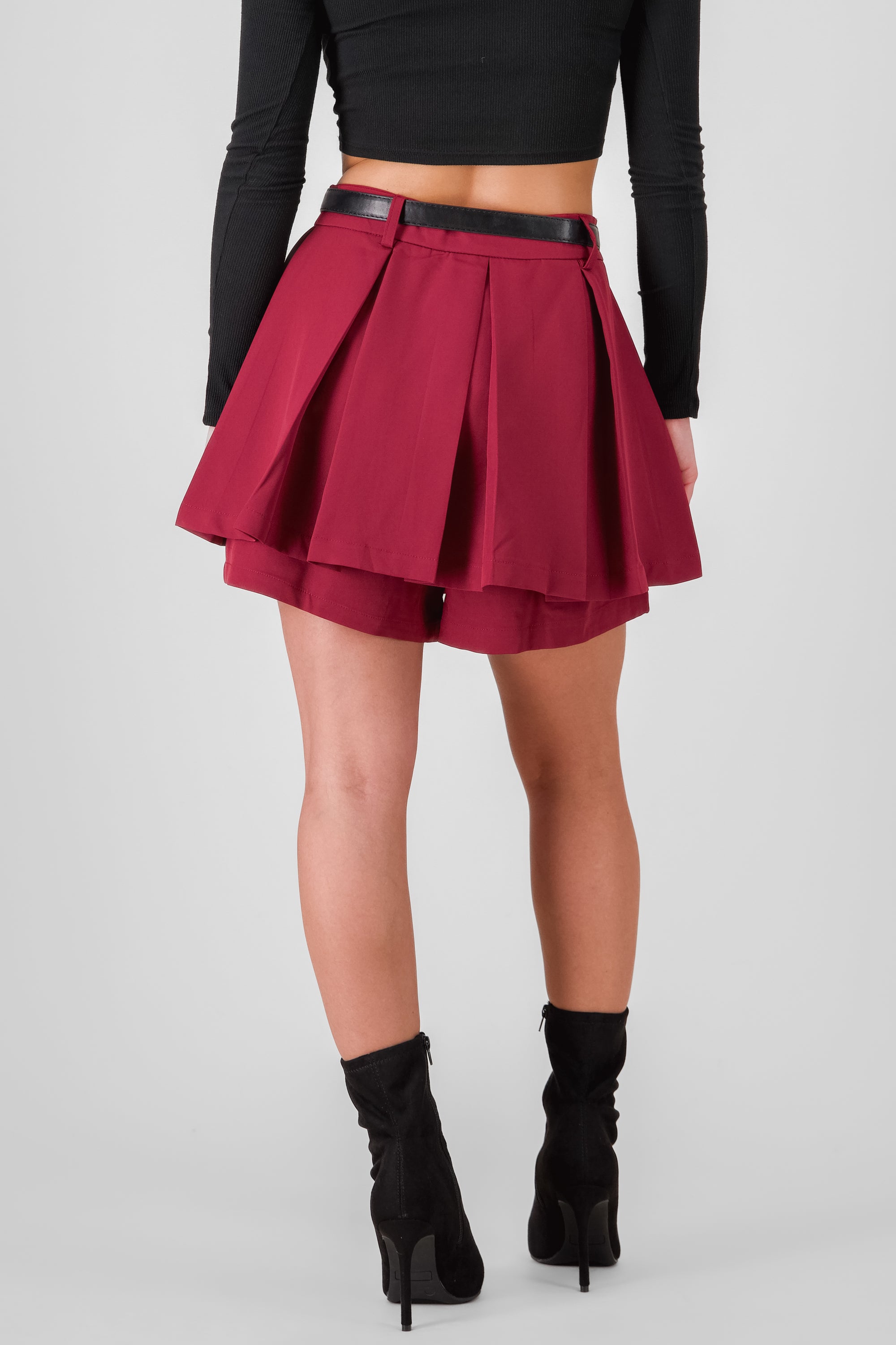 Pleated Skort with Belt BURGUNDY