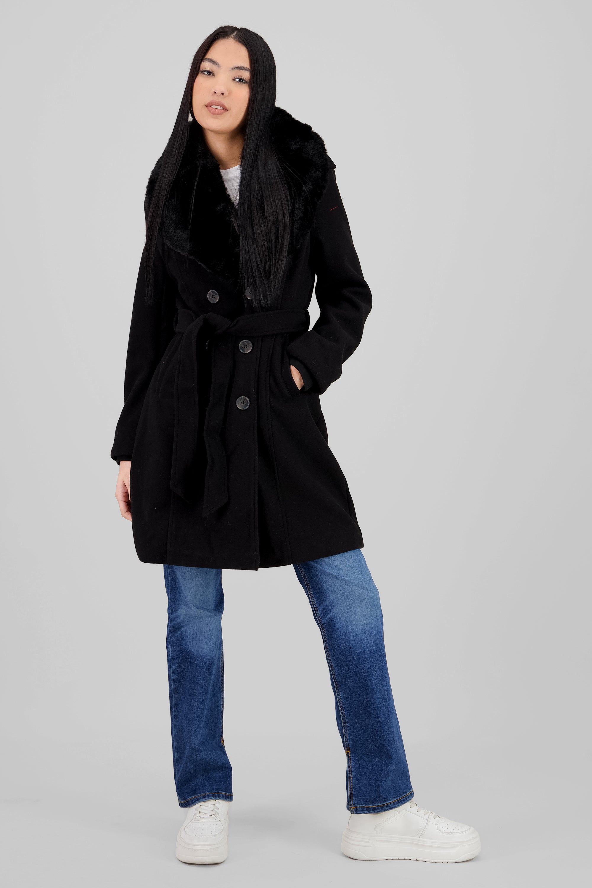 Fur Details Long Coat BLACK