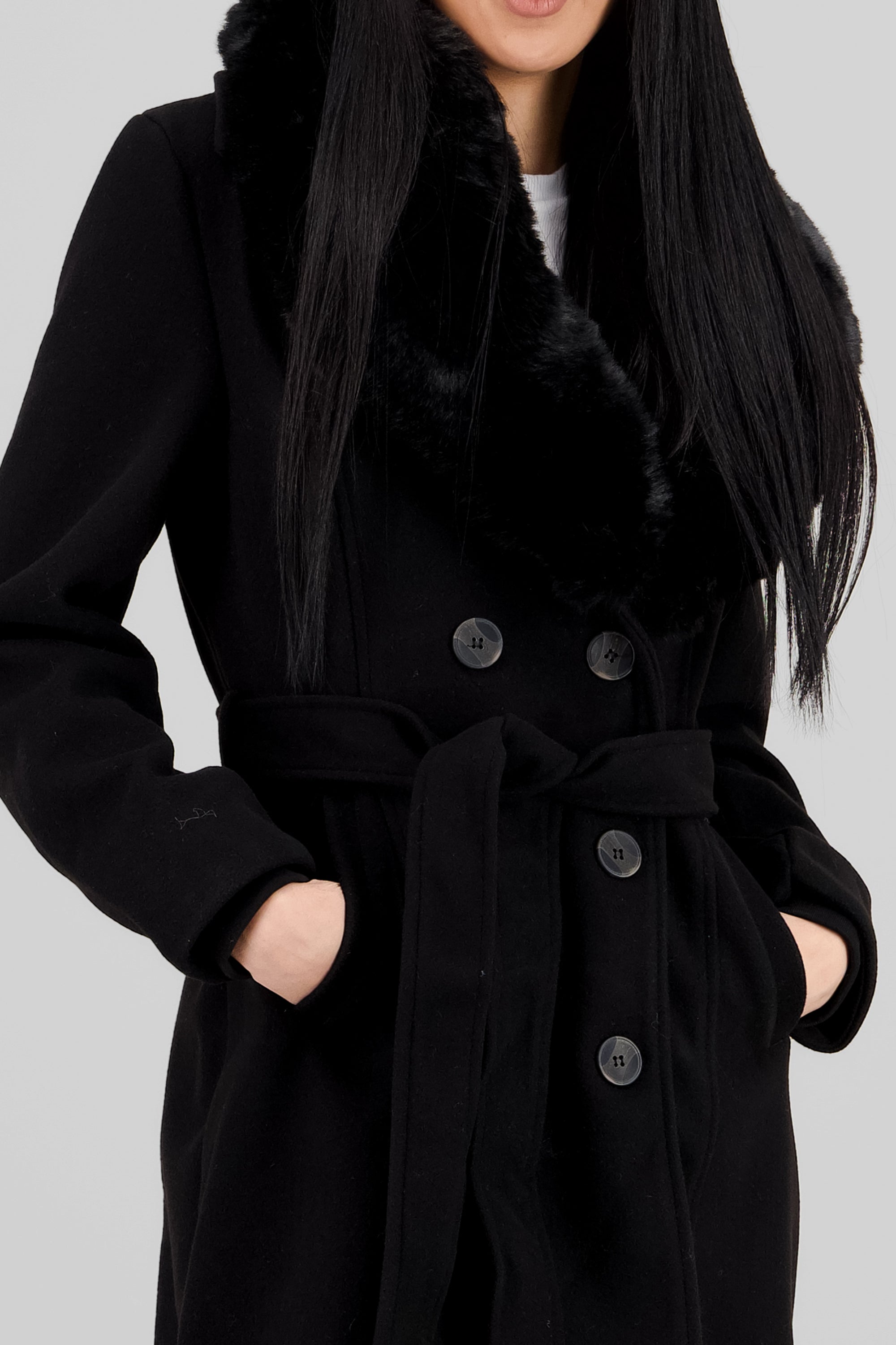 Fur Details Long Coat BLACK