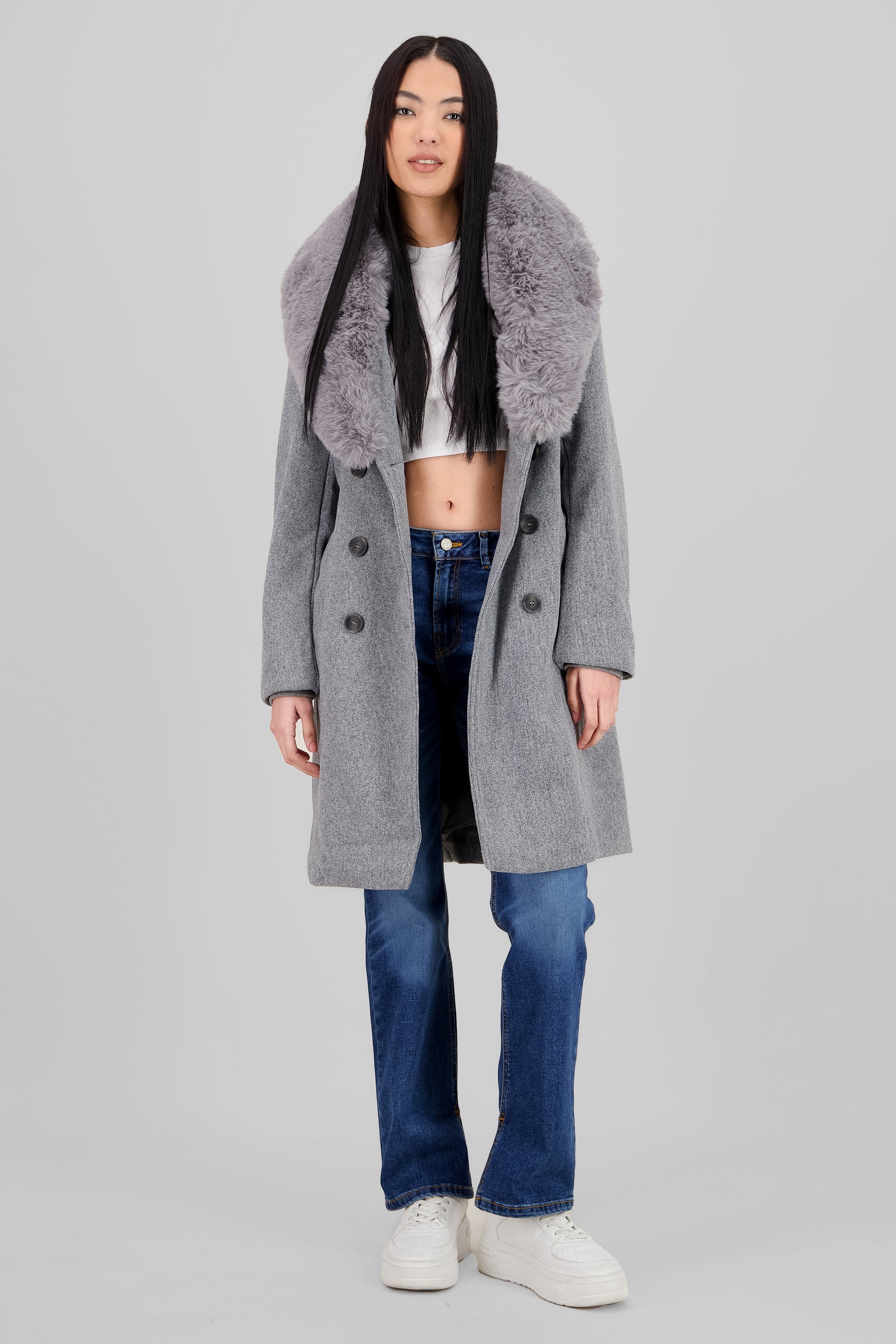 Fur Details Long Coat GRAY