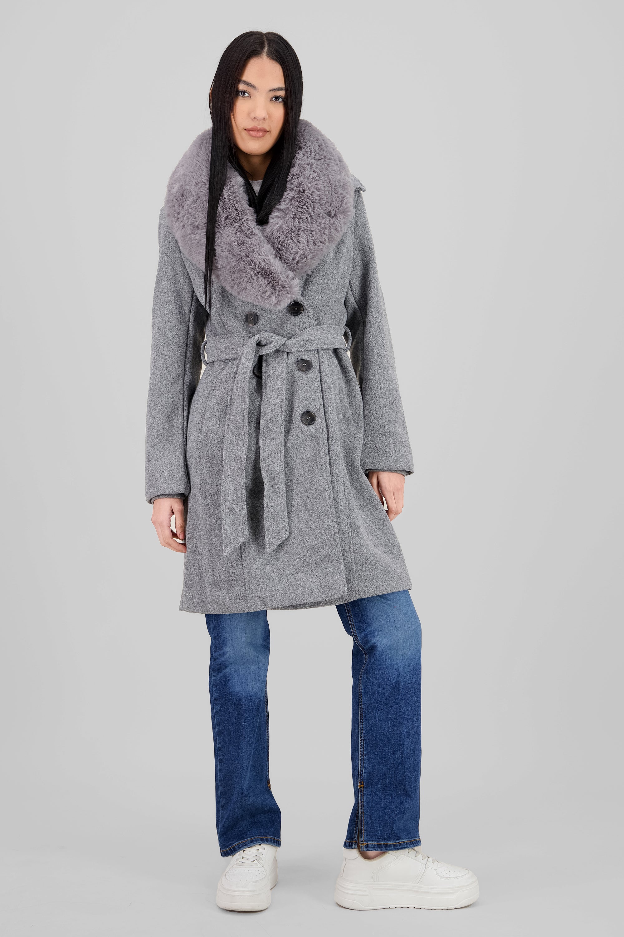 Fur Details Long Coat GRAY