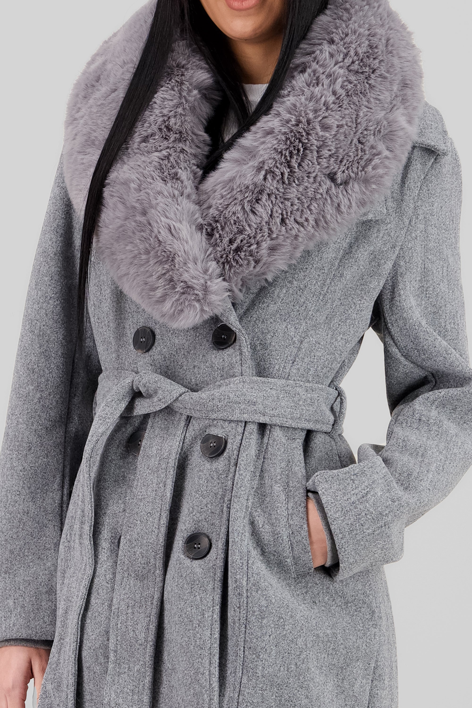 Fur Details Long Coat GRAY