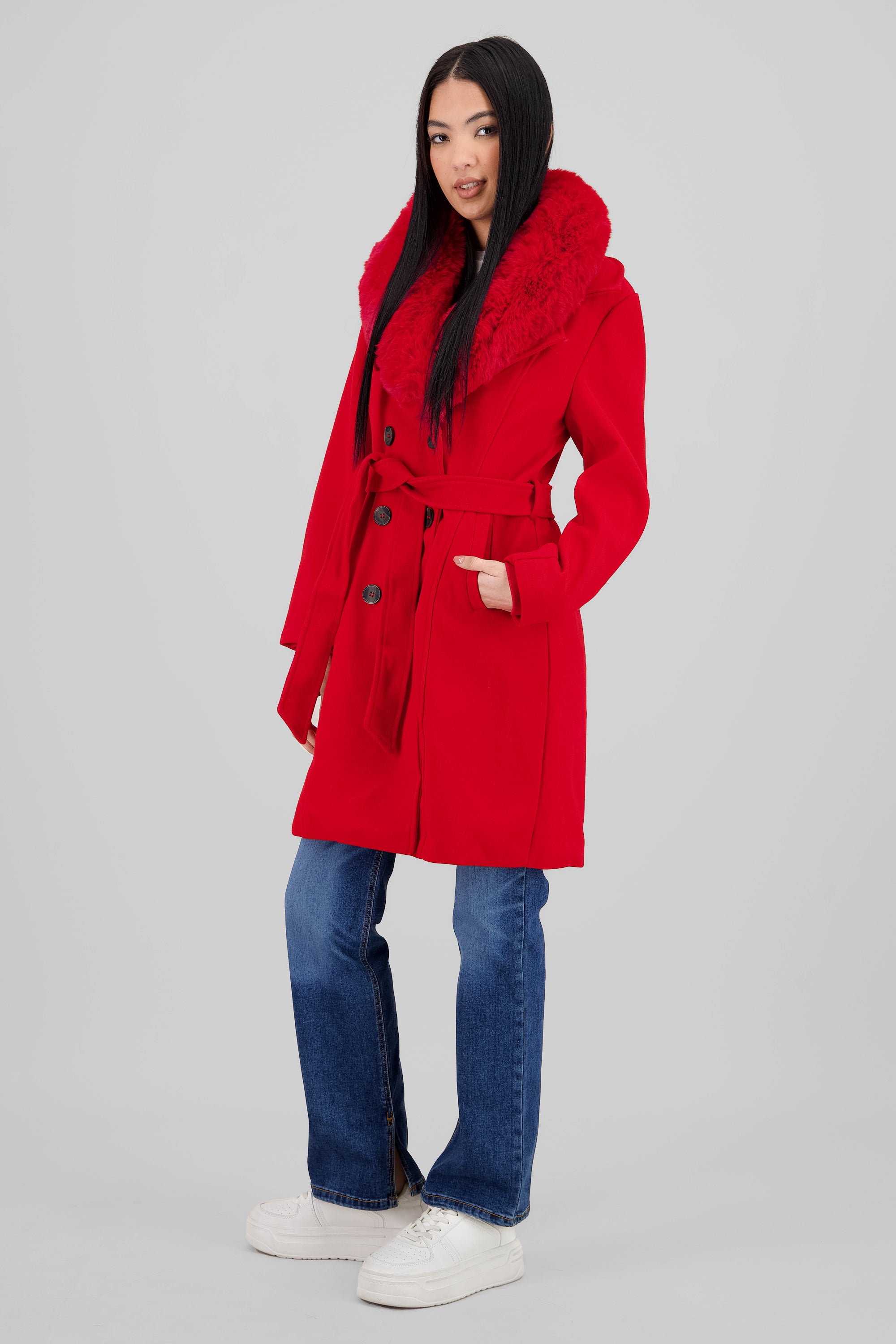 Fur Details Long Coat RED