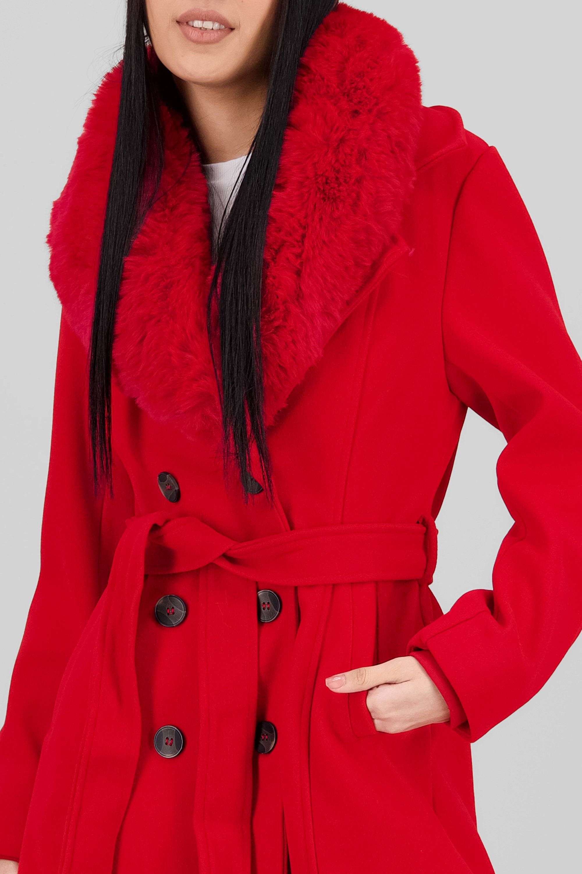 Fur Details Long Coat RED