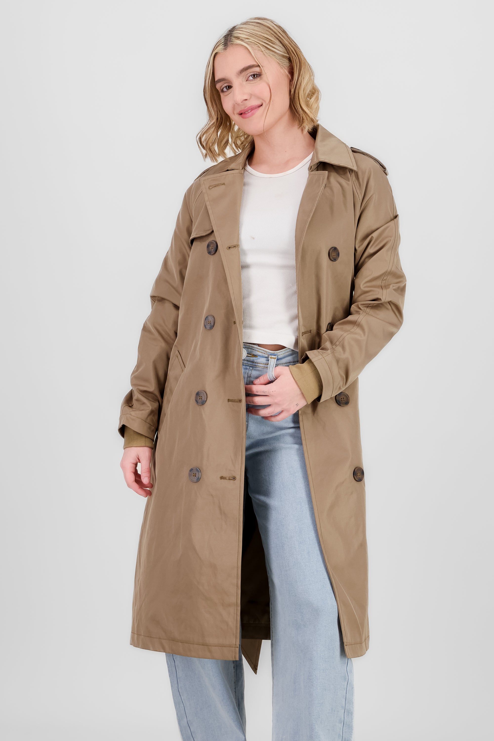 Long Trench Coat with Button details KHAKI