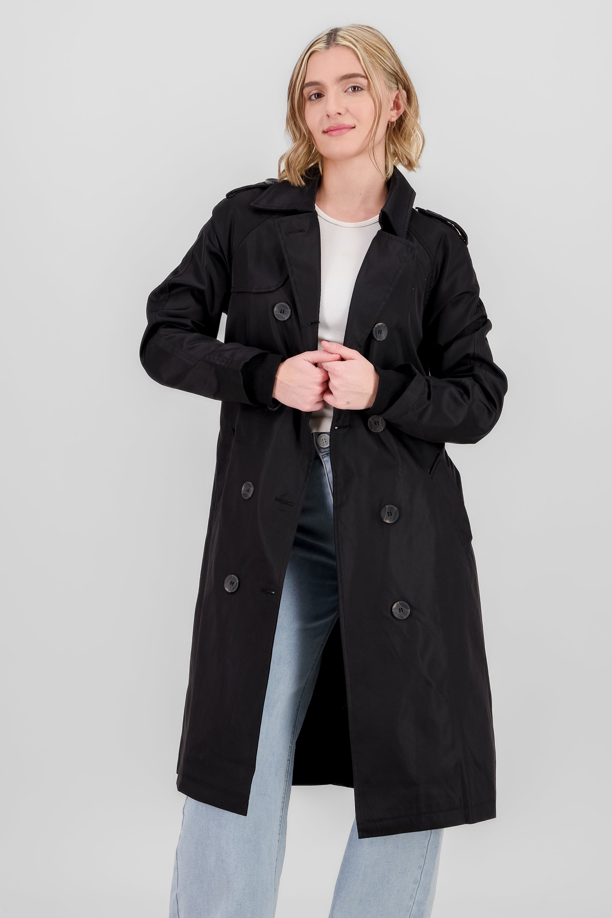 Long Trench Coat with Button details BLACK