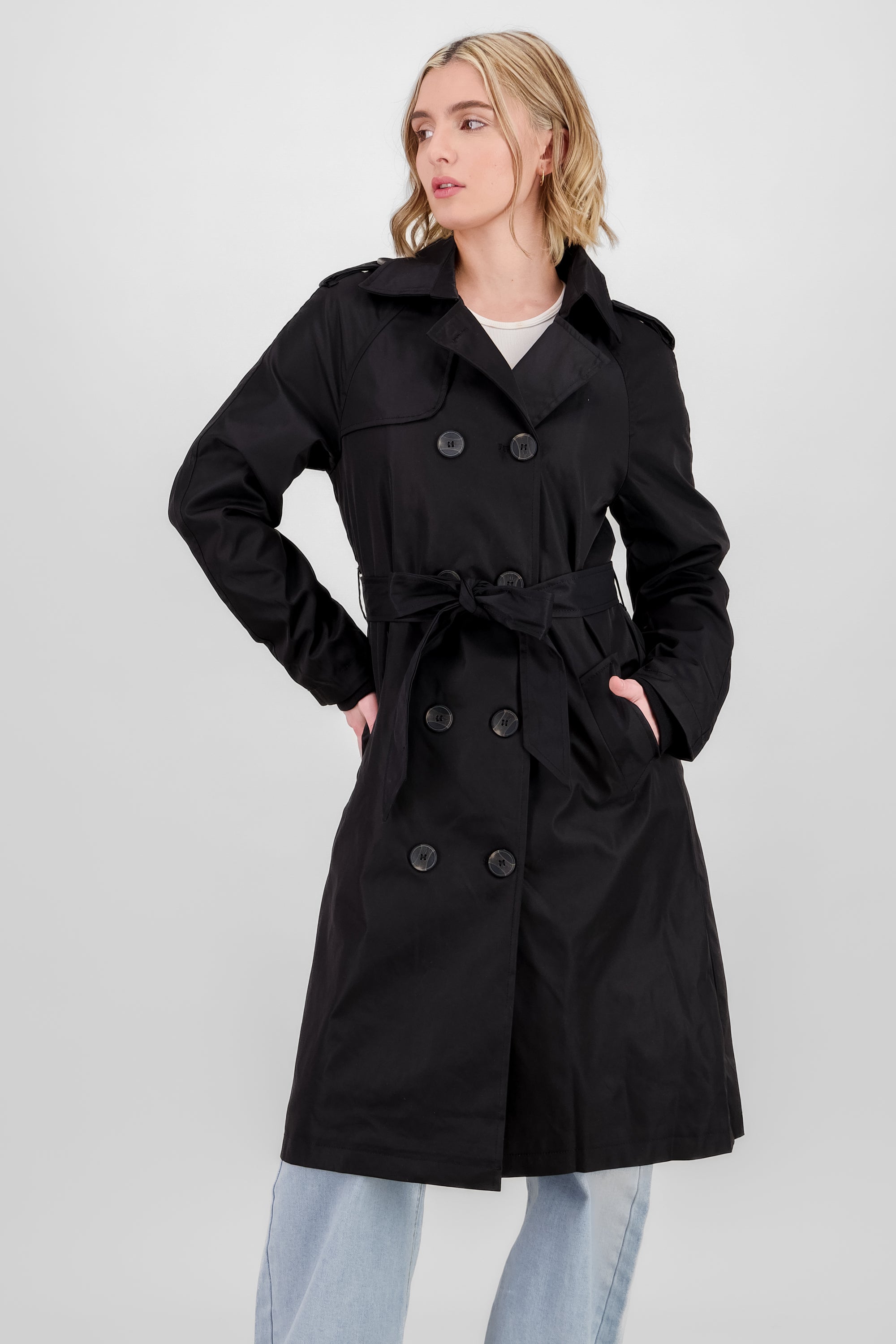 Long Trench Coat with Button details BLACK