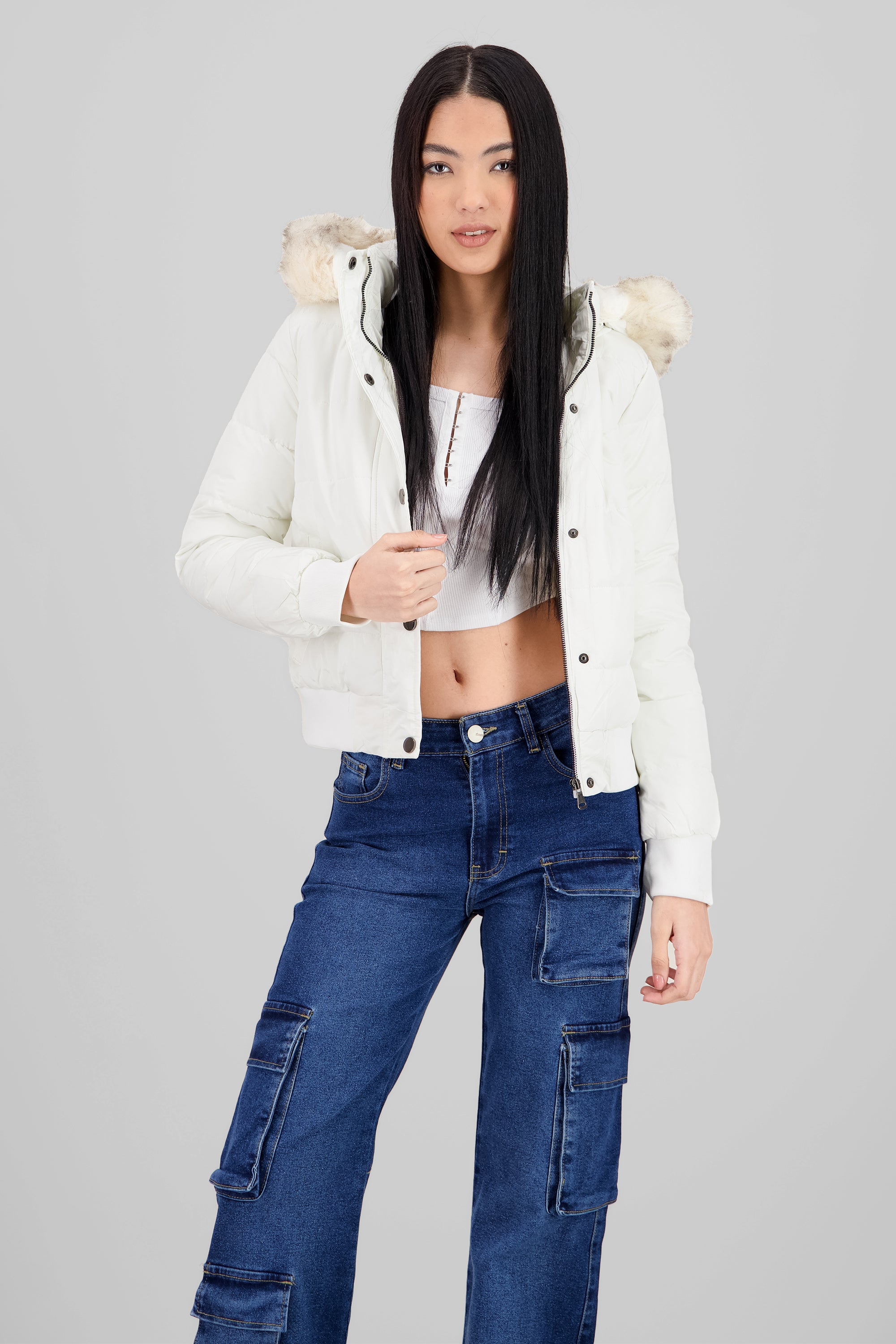 Fur Details Quilted Jacket WHITE