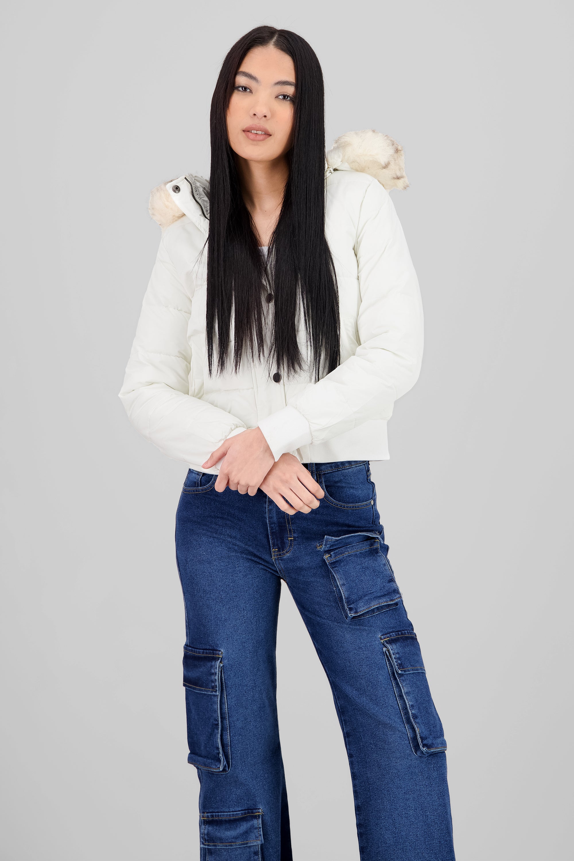 Fur Details Quilted Jacket WHITE