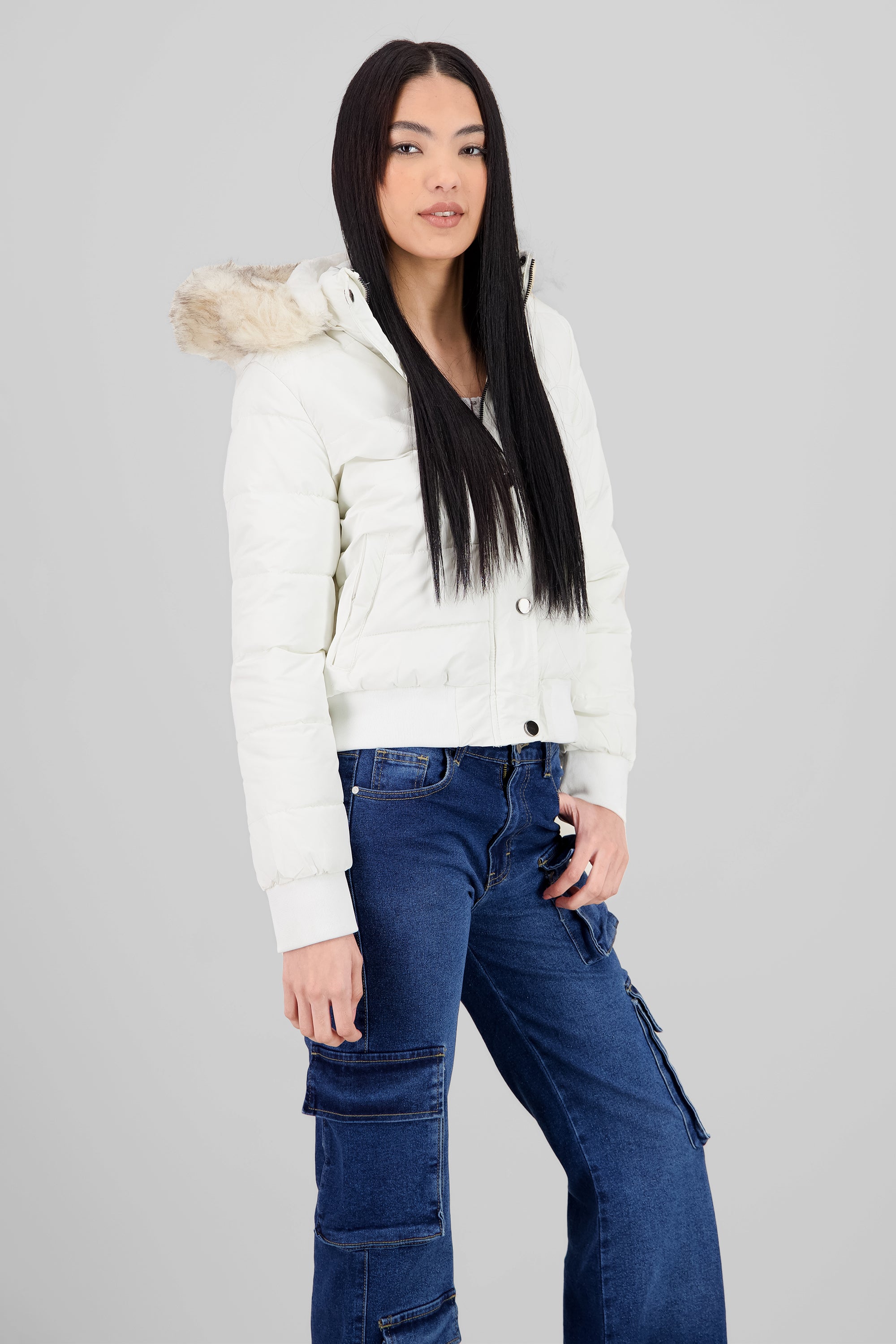 Fur Details Quilted Jacket WHITE