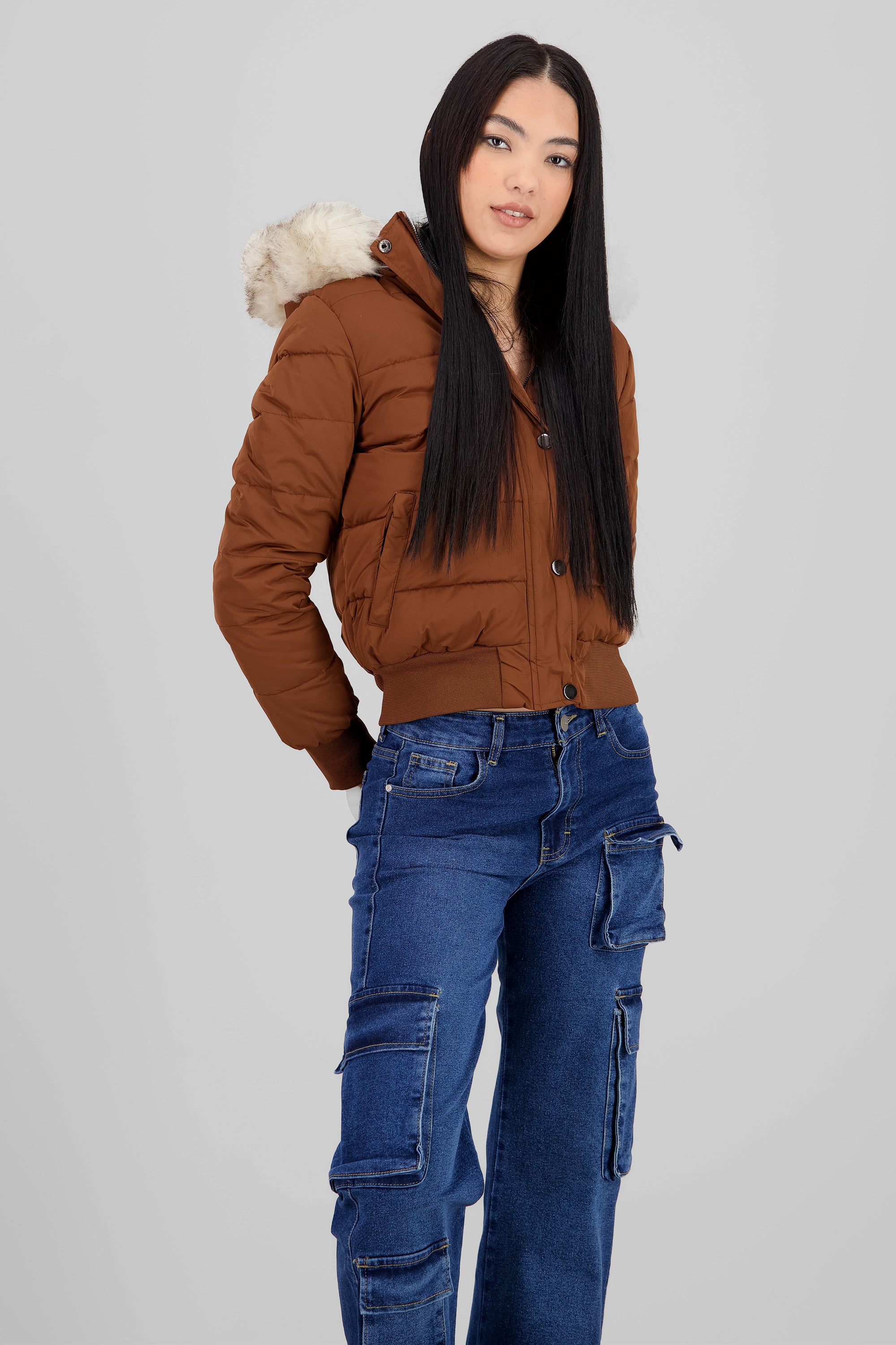 Fur Details Quilted Jacket CAMEL