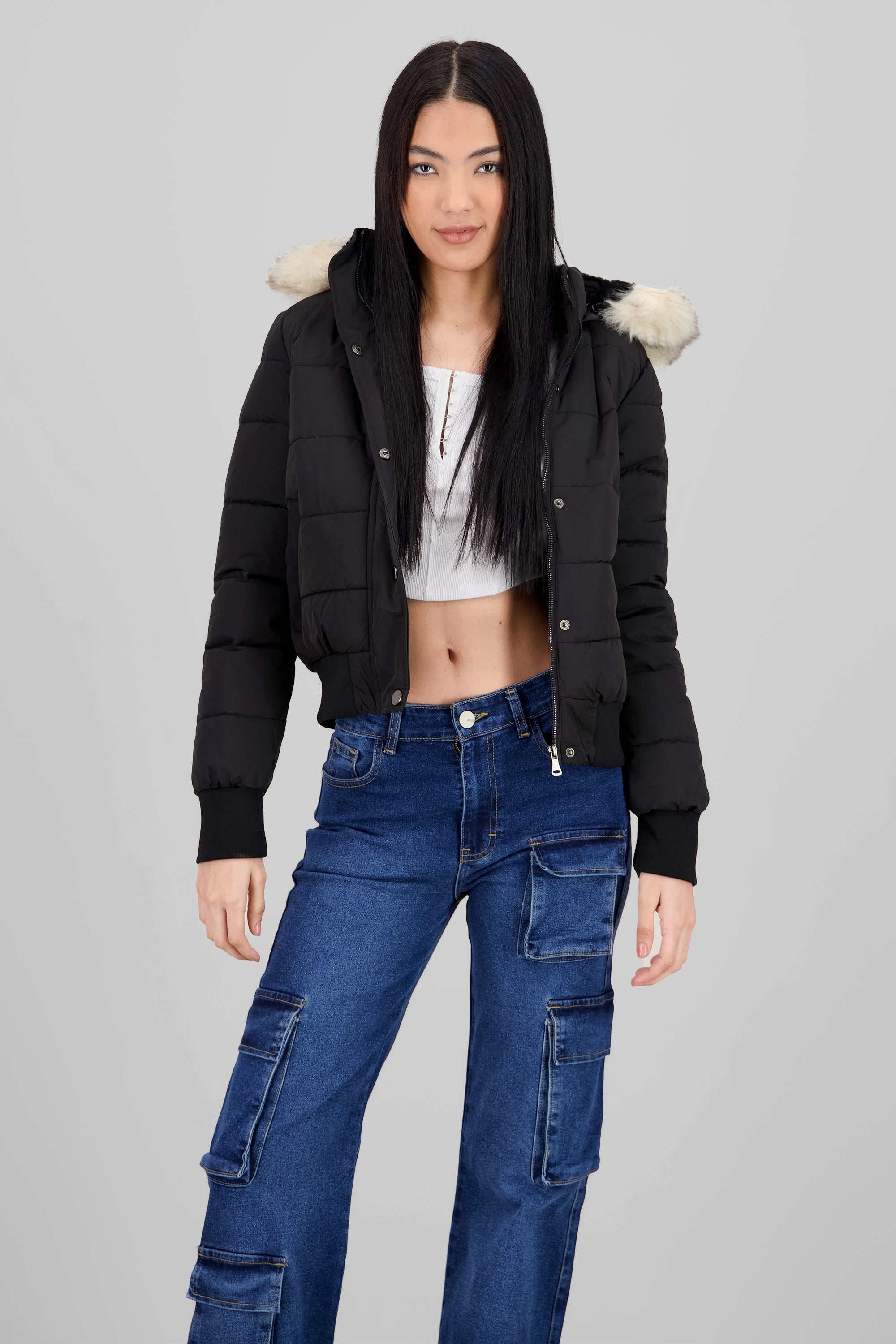 Fur Details Quilted Jacket BLACK