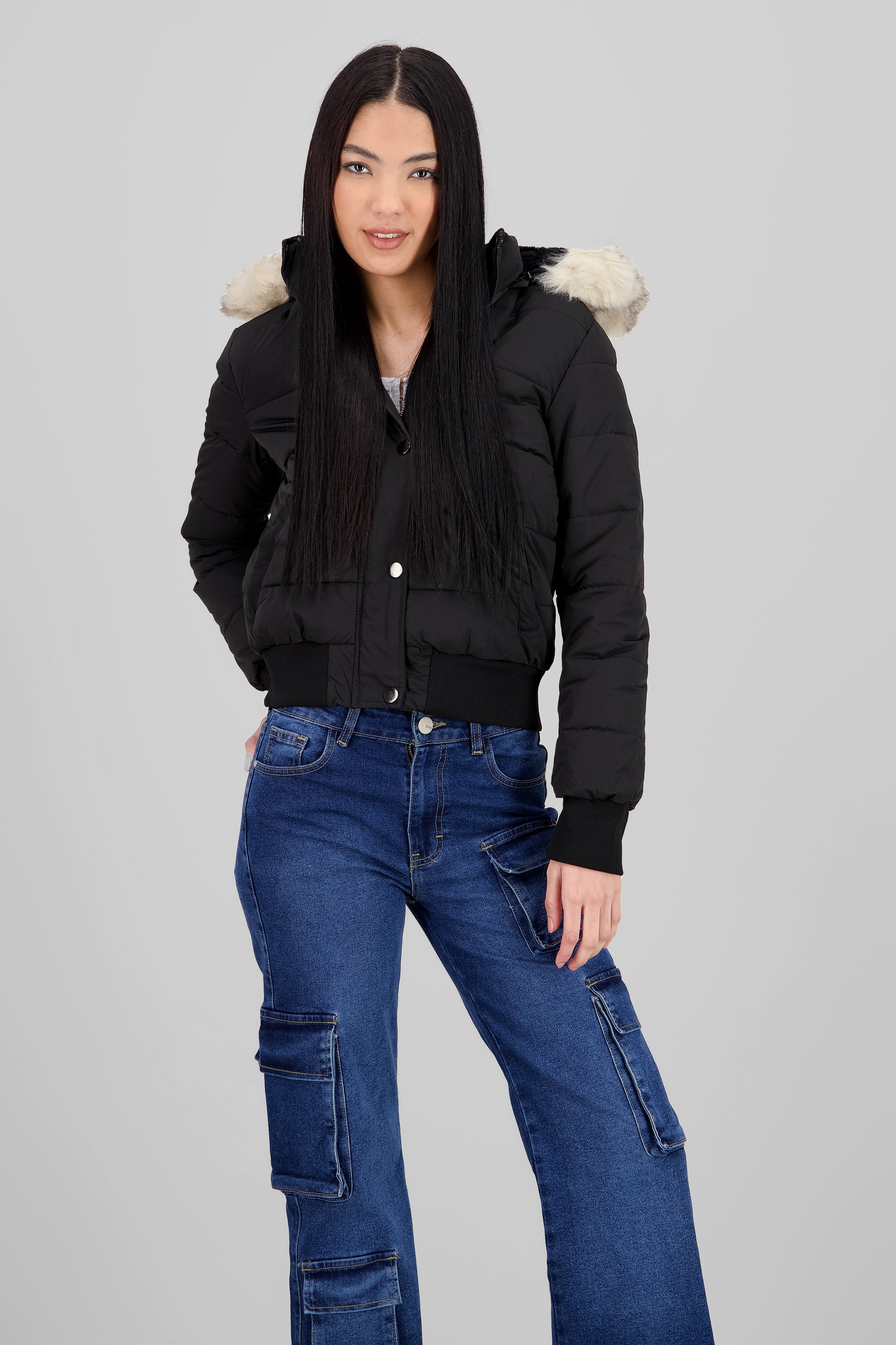 Fur Details Quilted Jacket BLACK