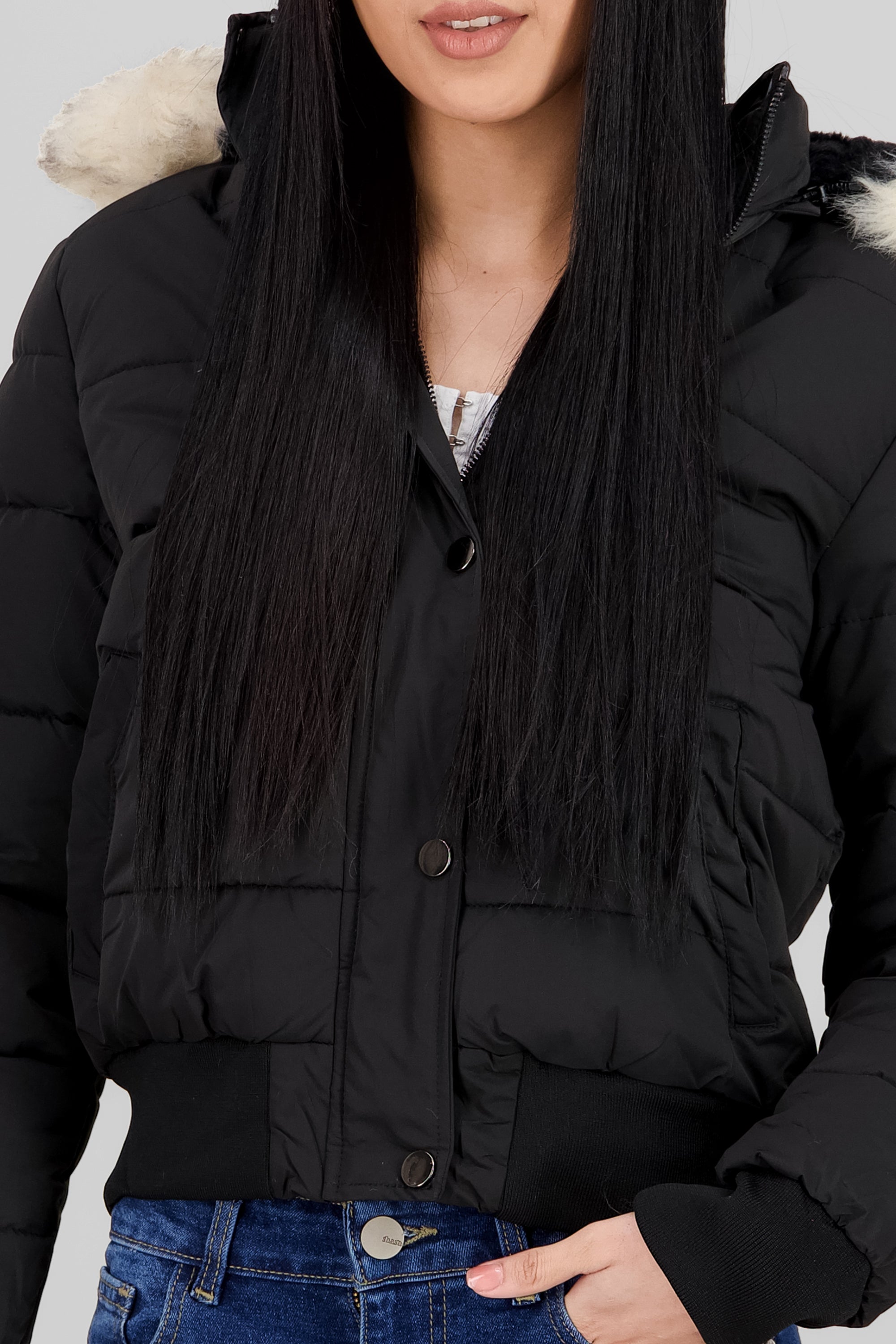 Fur Details Quilted Jacket BLACK