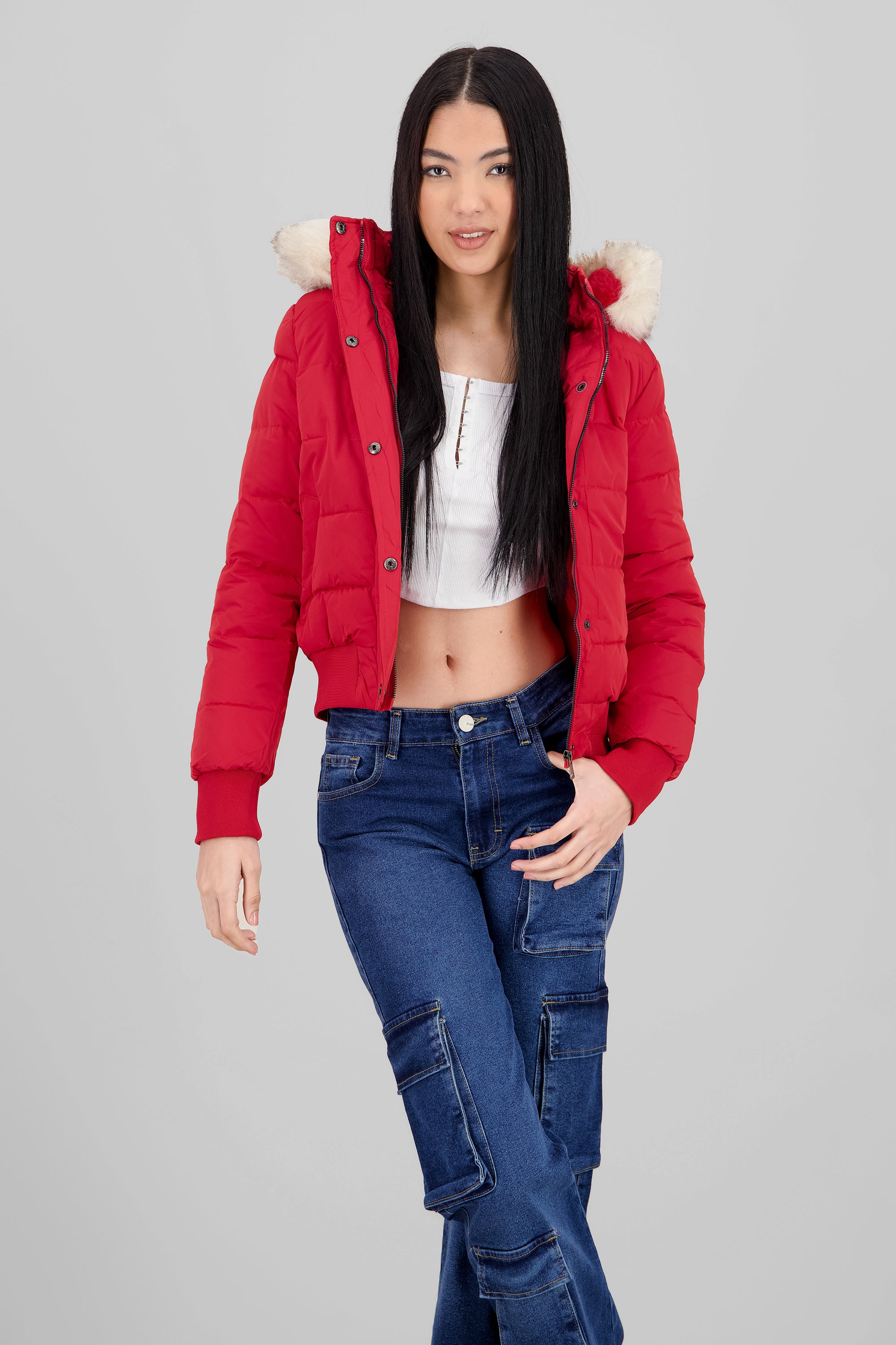 Fur Details Quilted Jacket RED