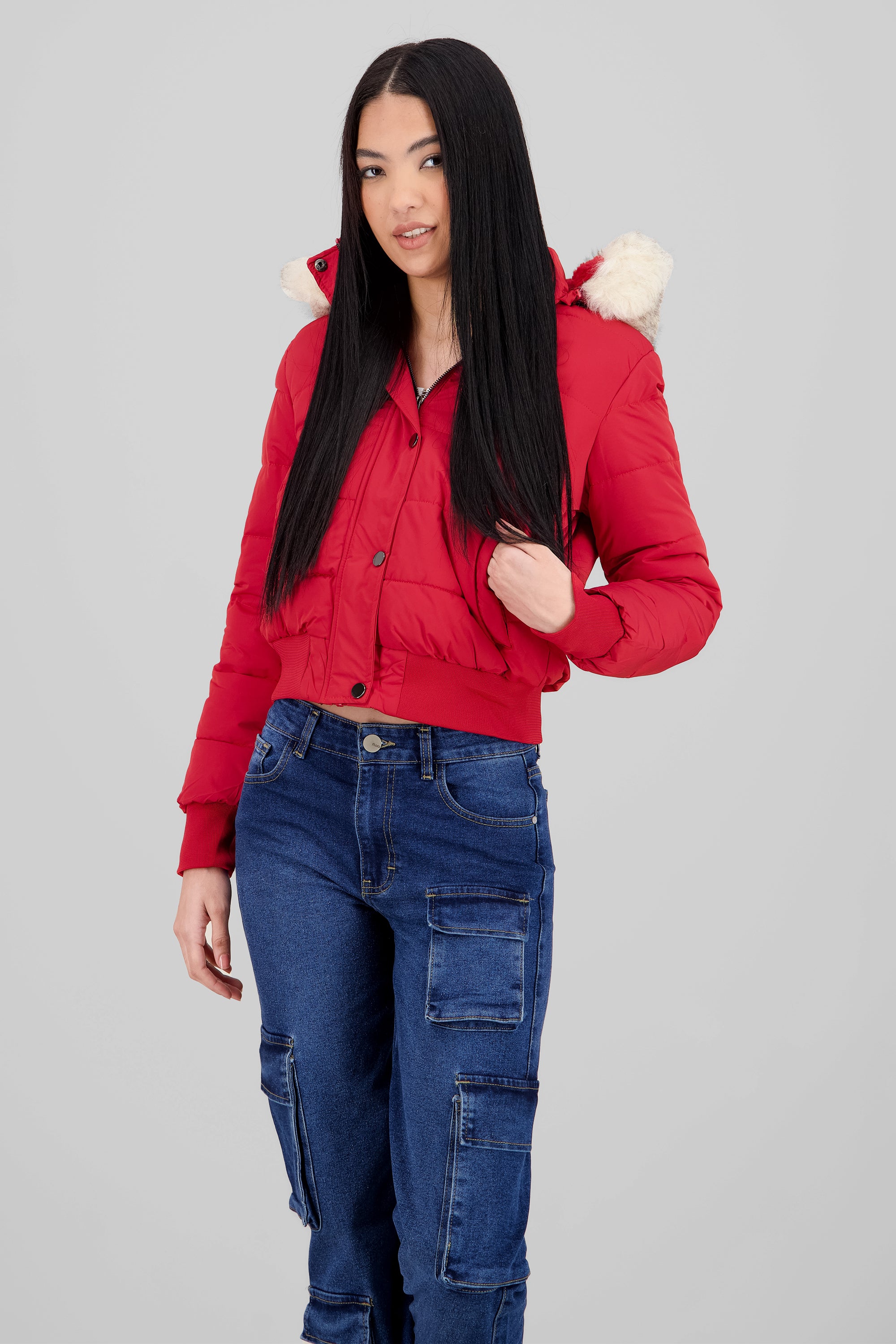 Fur Details Quilted Jacket RED