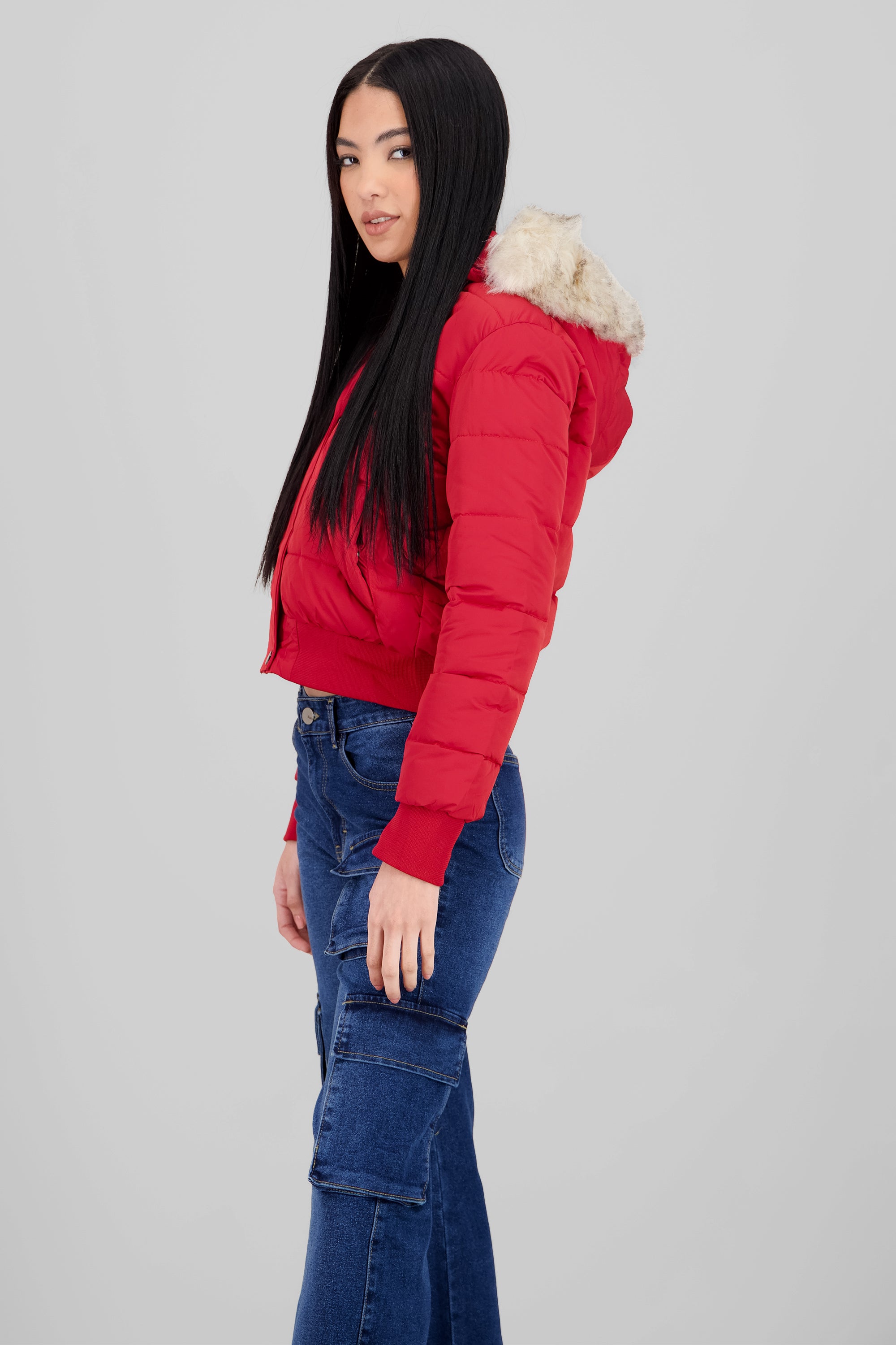 Fur Details Quilted Jacket RED