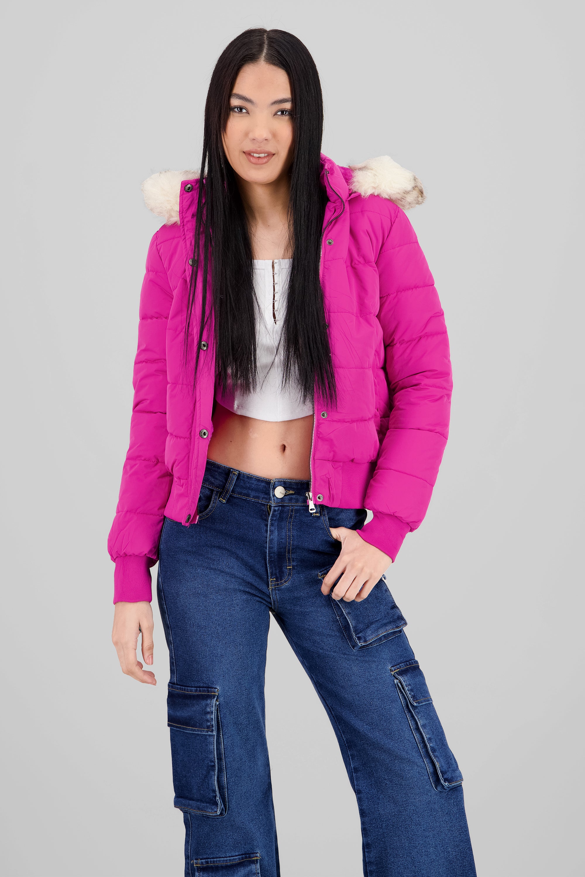 Fur Details Quilted Jacket BRIGHT PINK