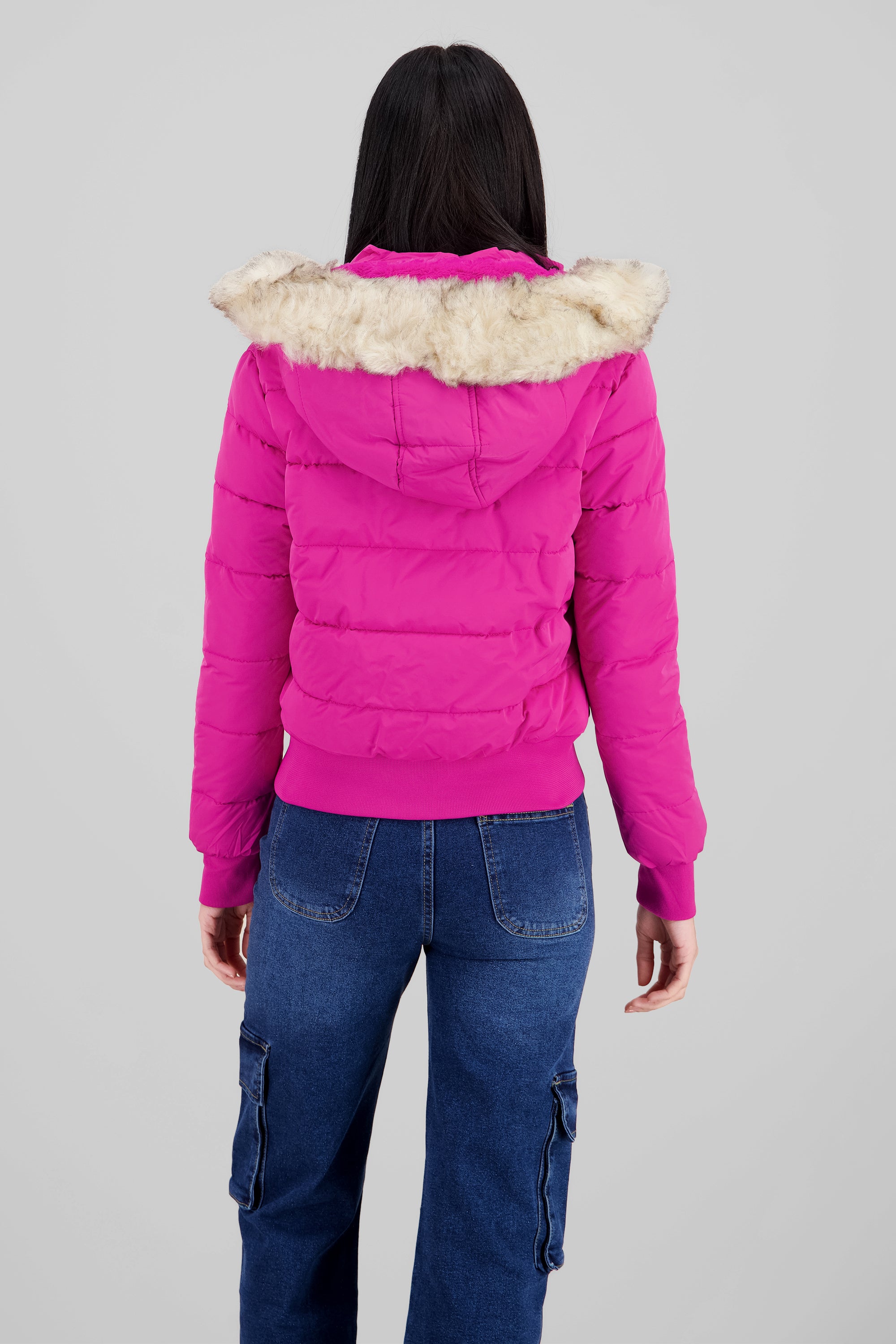 Fur Details Quilted Jacket BRIGHT PINK